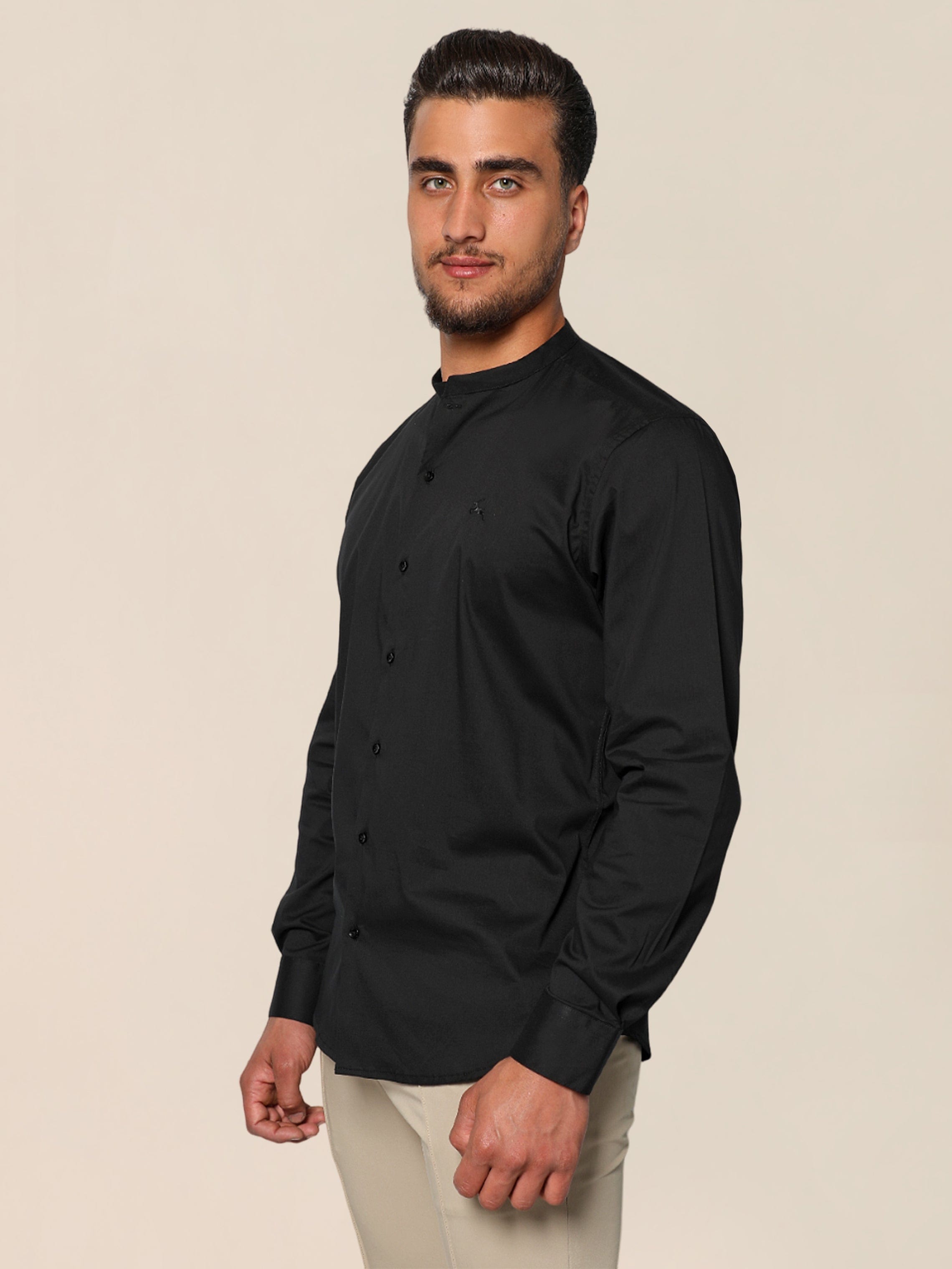 Men Black Oxford Casual Shirt With Chinese Collar