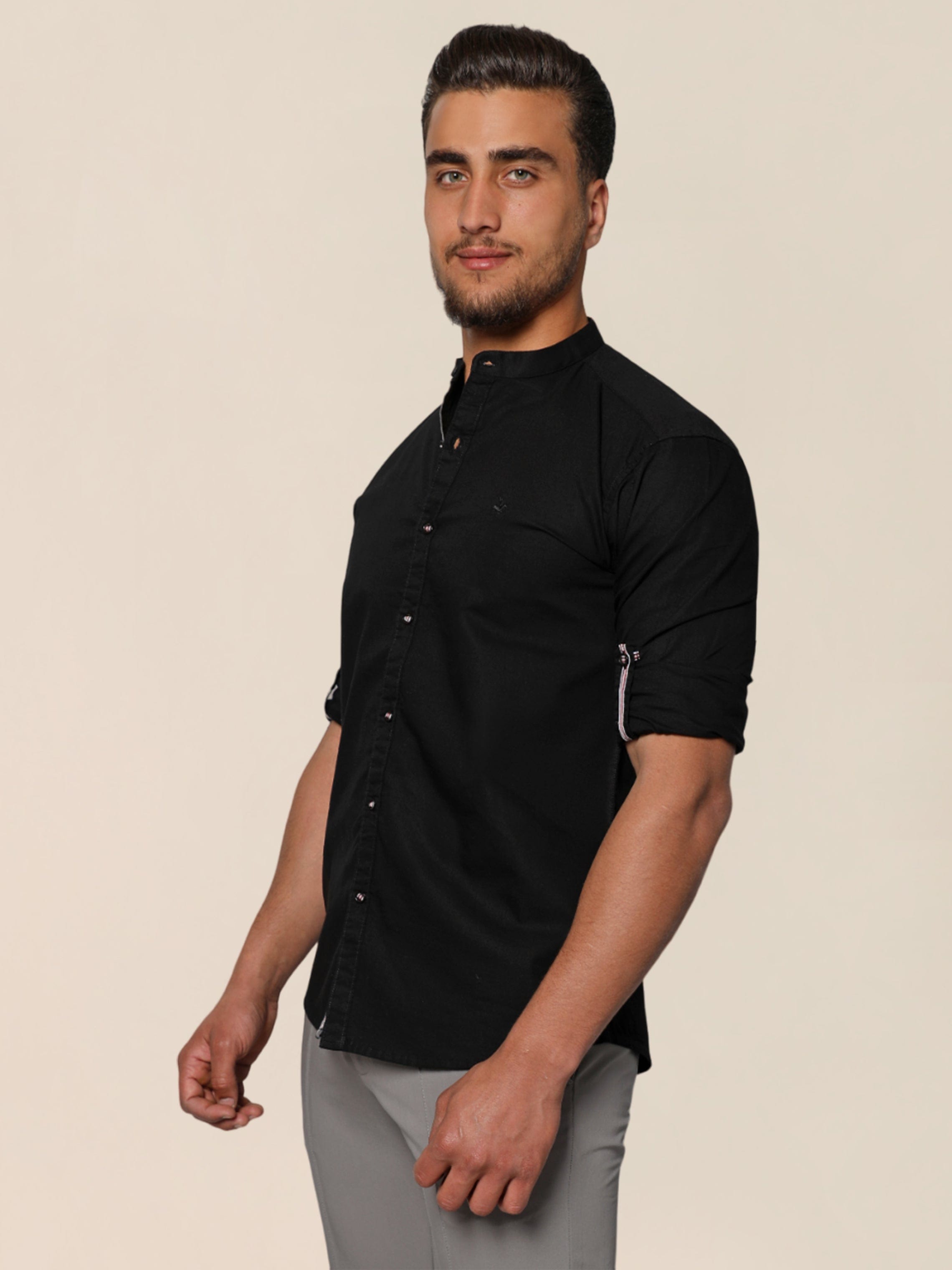 Men Black Casual Summer Shirt With Chinese Collar