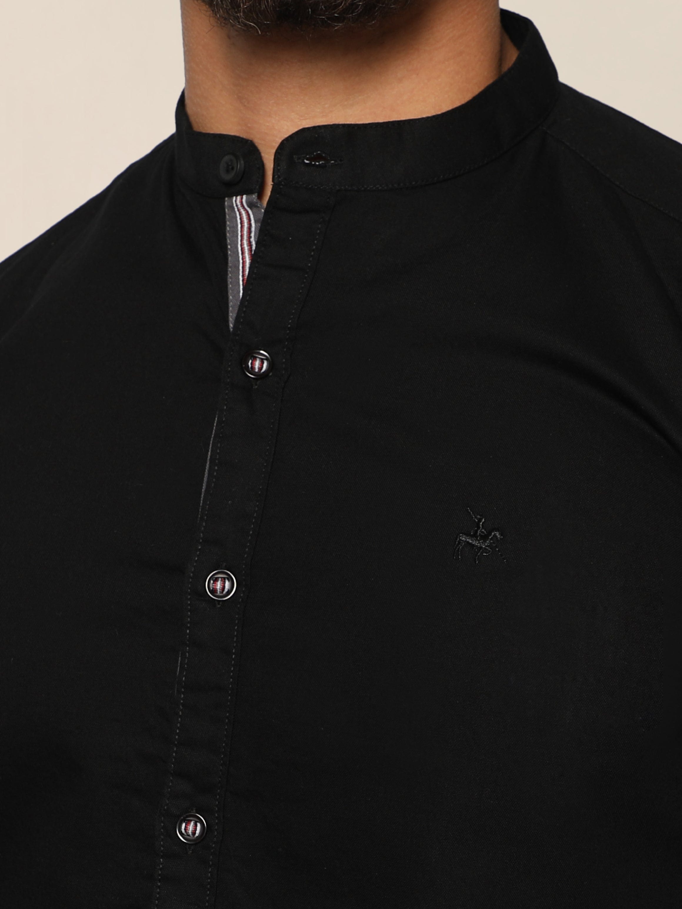 Men Black Casual Summer Shirt With Chinese Collar