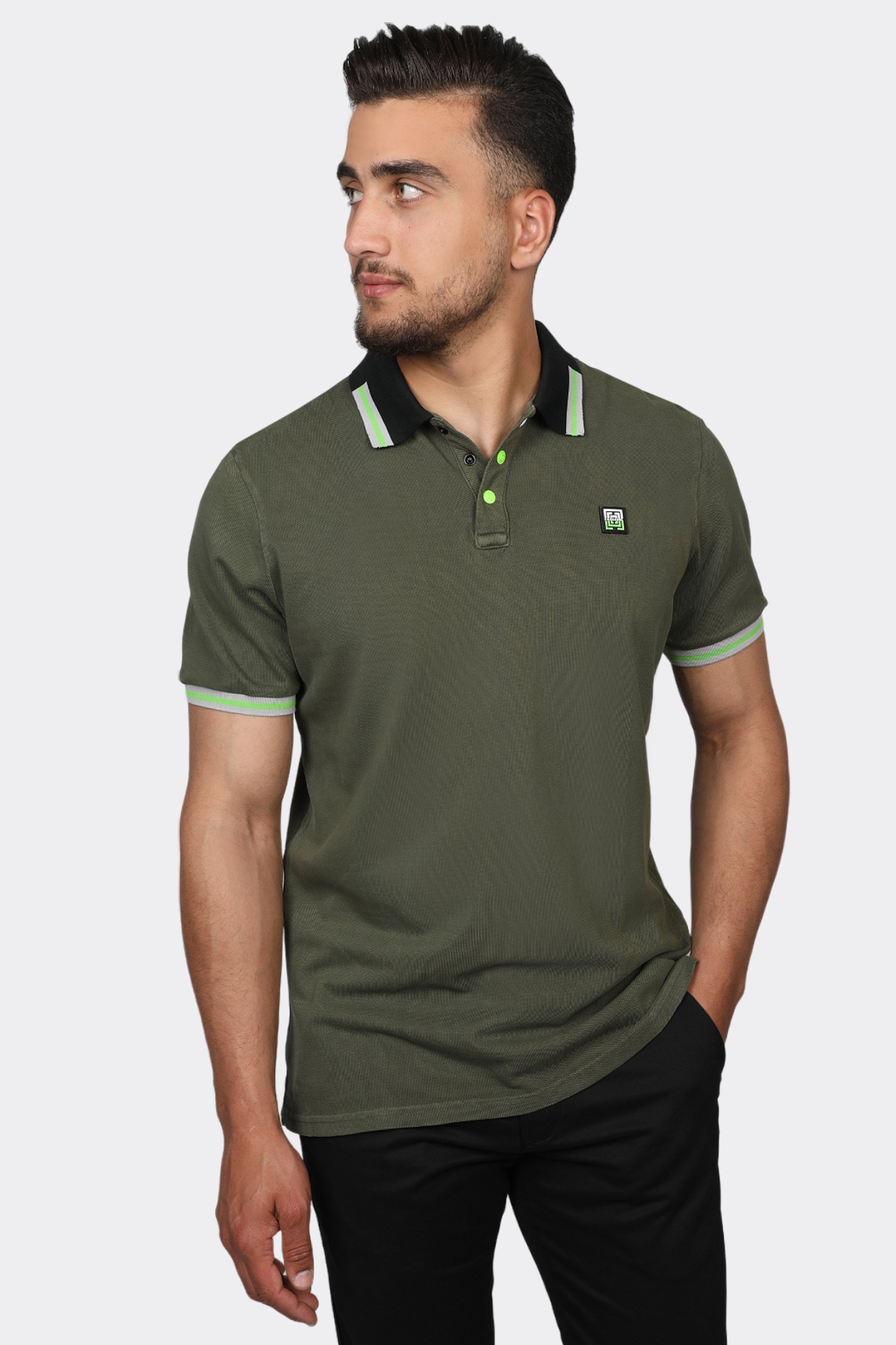 Olive Men Polo With Strip Collar