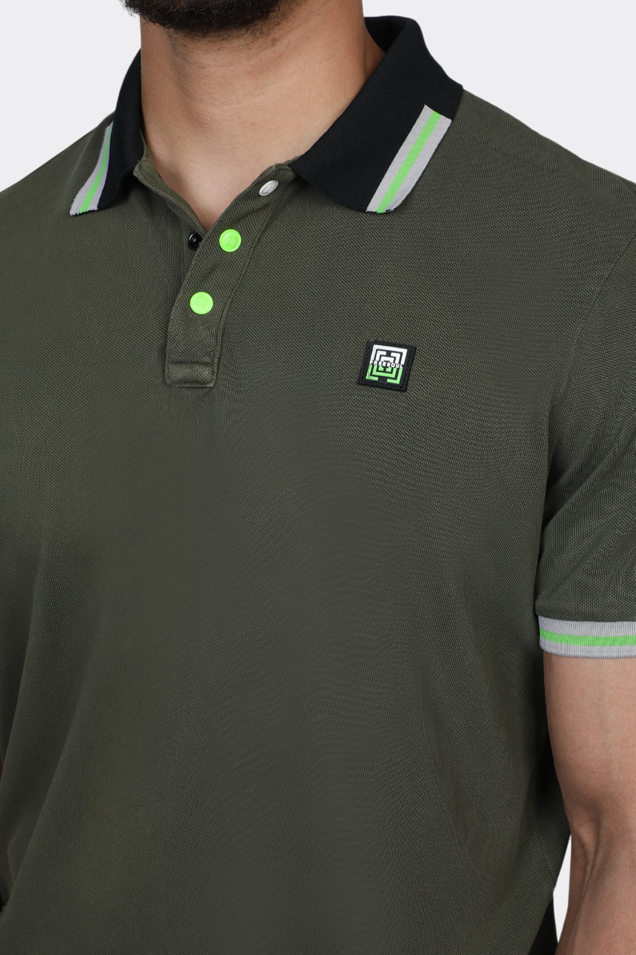 Olive Men Polo With Strip Collar