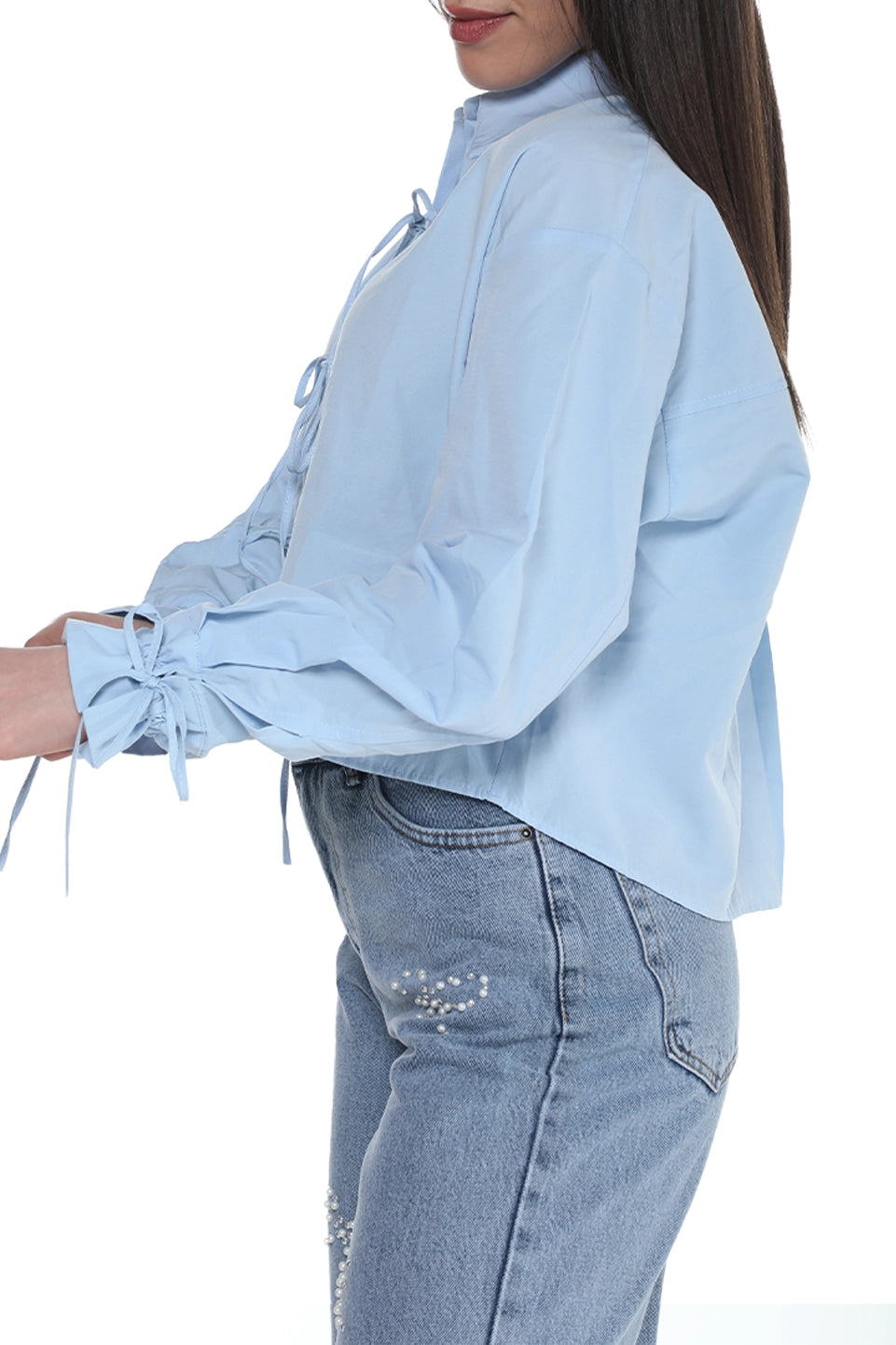 Long Sleeve Blue Shirt With Button & Ties To Close