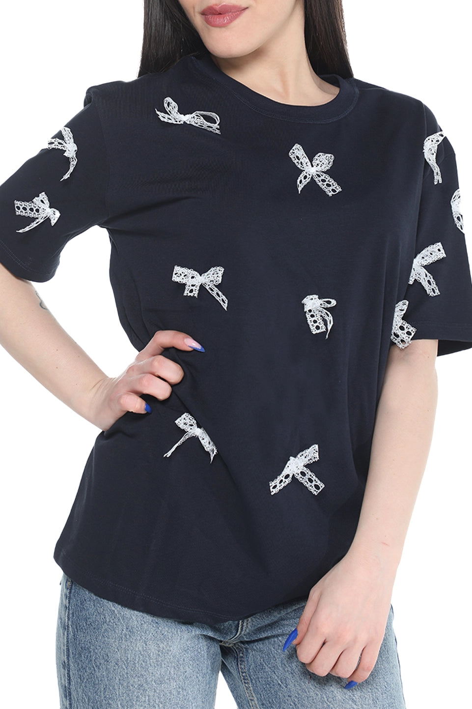 Short Sleeve Navy T-shirt With Ribbon Design