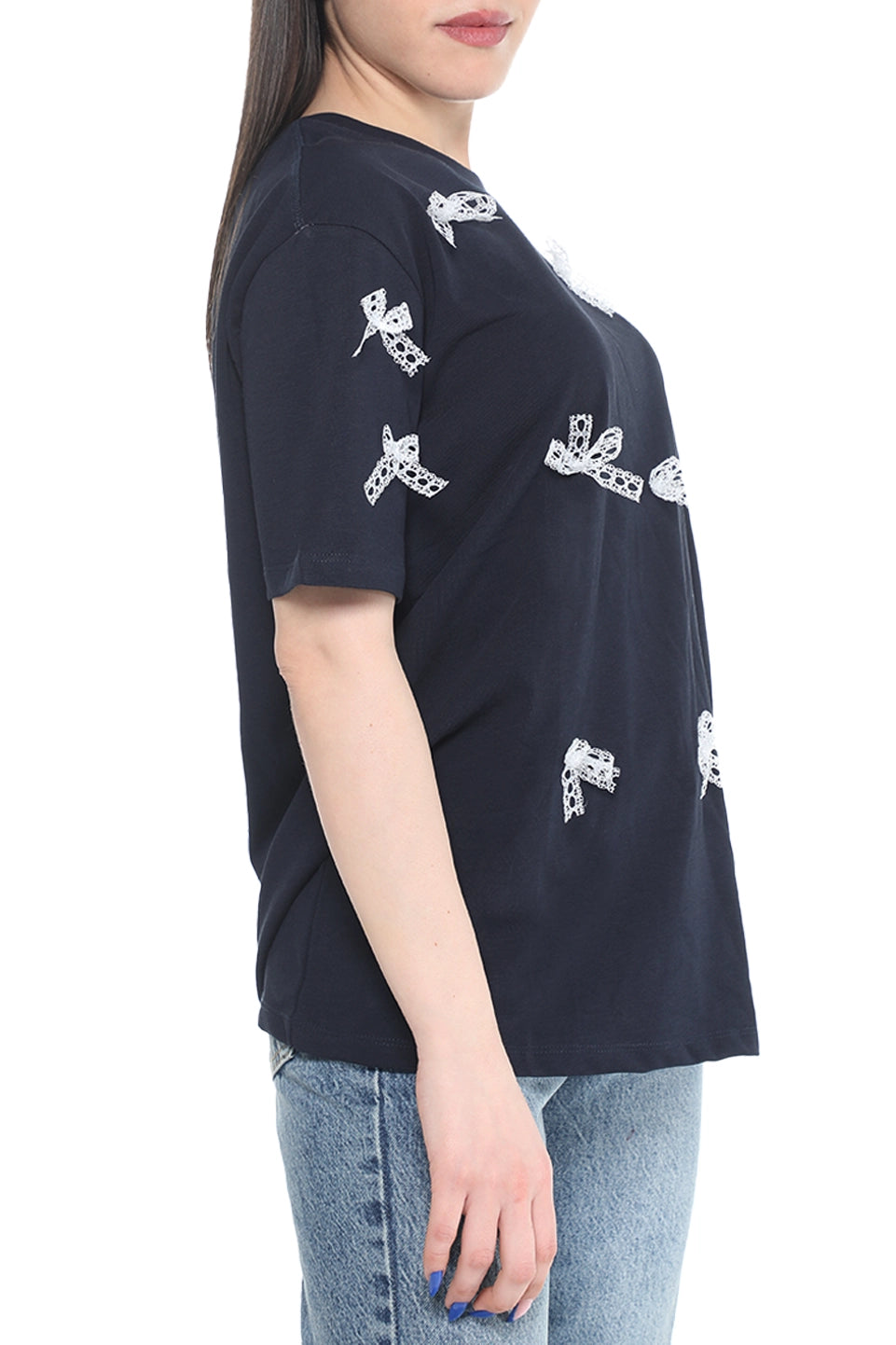 Short Sleeve Navy T-shirt With Ribbon Design