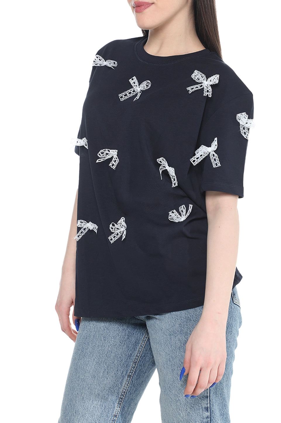 Short Sleeve Navy T-shirt With Ribbon Design