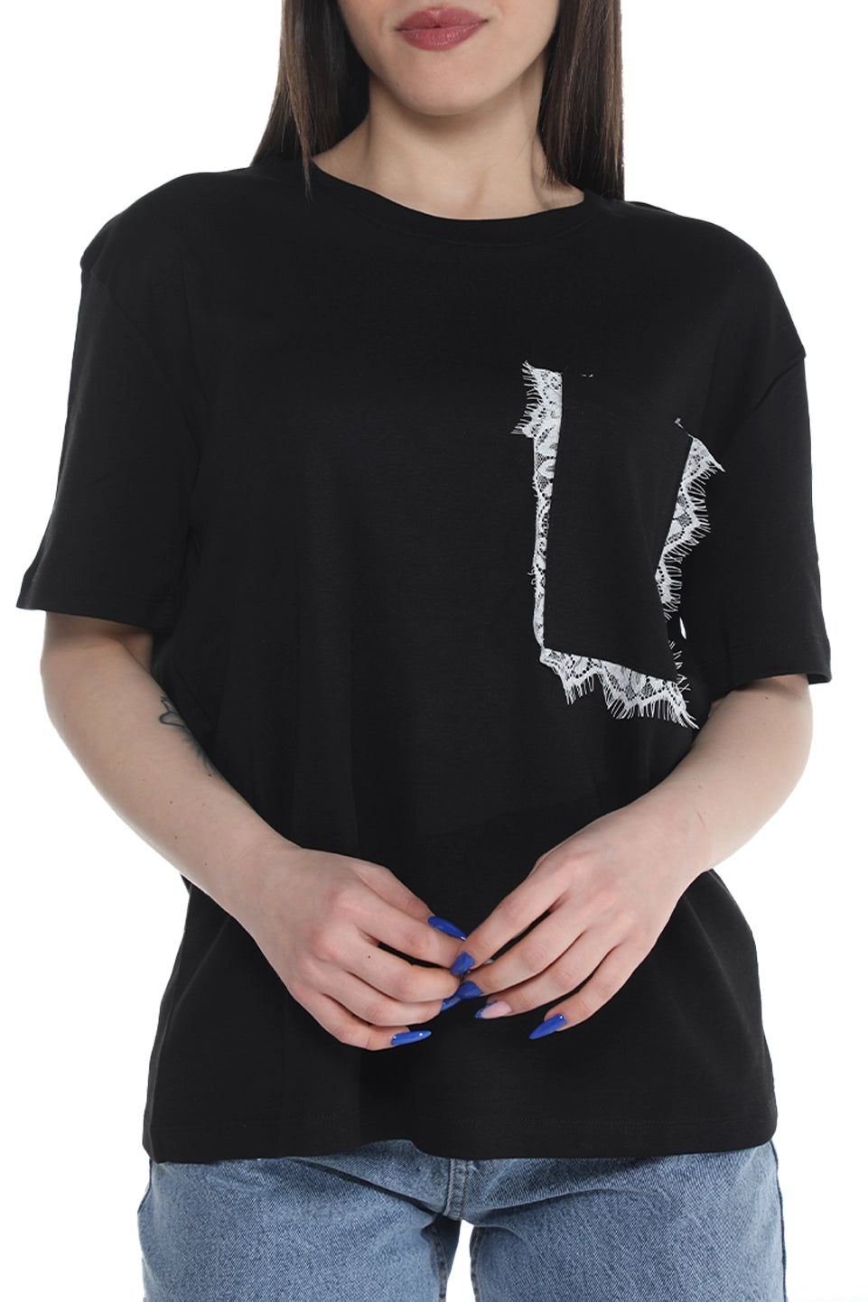 Black Short Sleeve Cotton T-shirt With Side Pocket Design