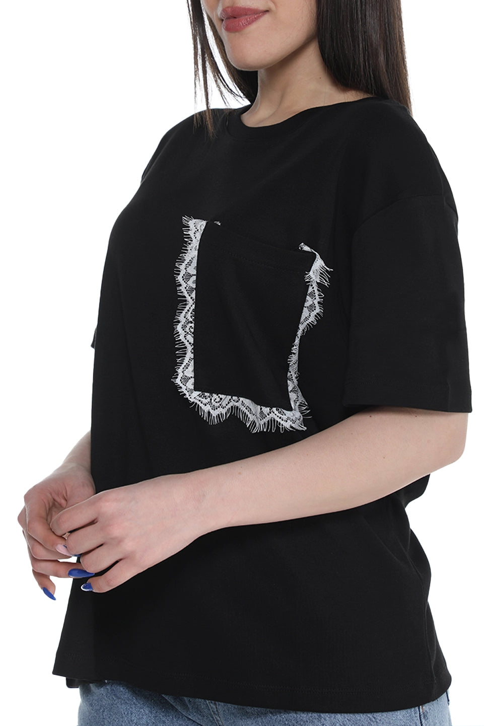 Black Short Sleeve Cotton T-shirt With Side Pocket Design