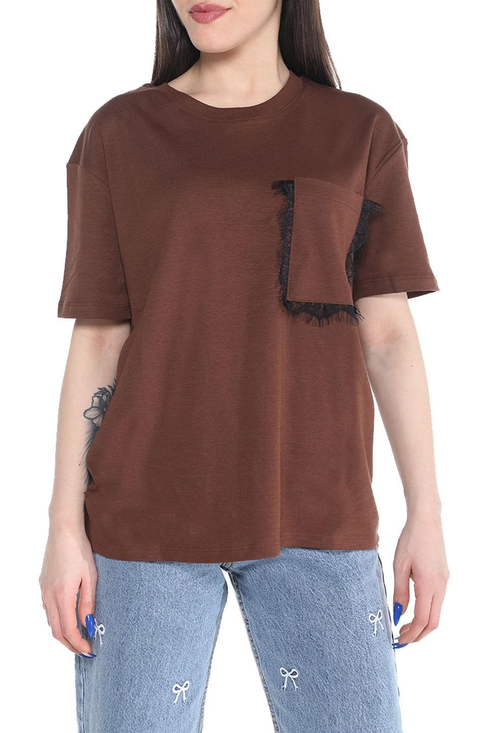 Brown Short Sleeve Cotton T-shirt With Side Pocket Design