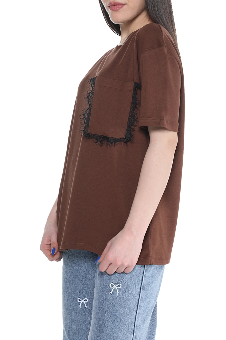 Brown Short Sleeve Cotton T-shirt With Side Pocket Design
