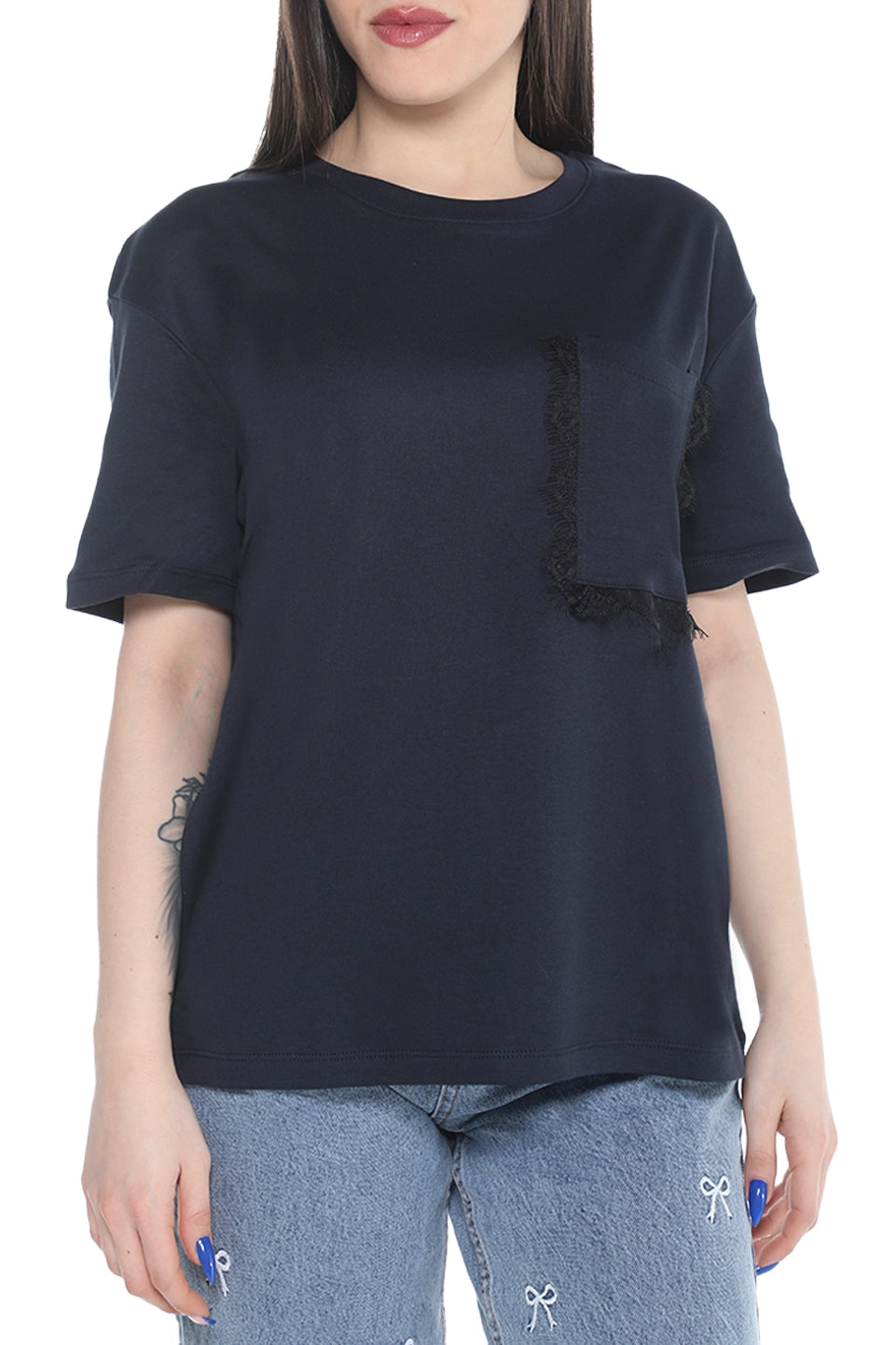 Navy Short Sleeve Cotton T-shirt With Side Pocket Design