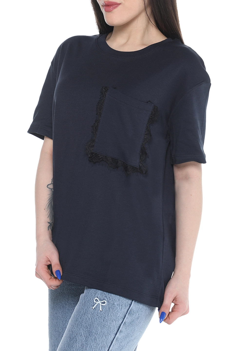 Navy Short Sleeve Cotton T-shirt With Side Pocket Design