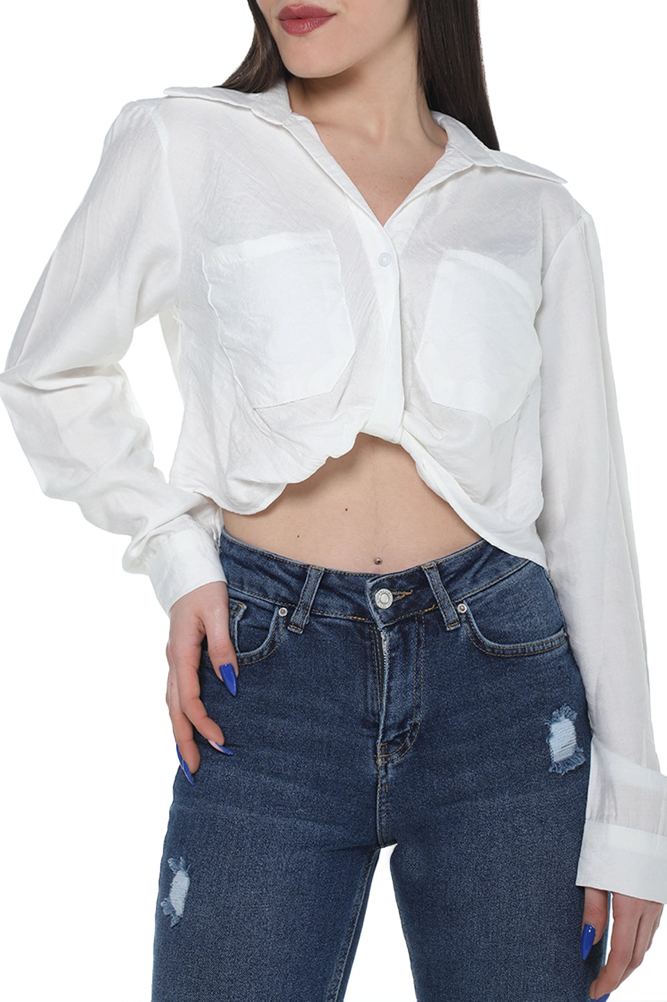 White Crop Long Sleeved Shirt
