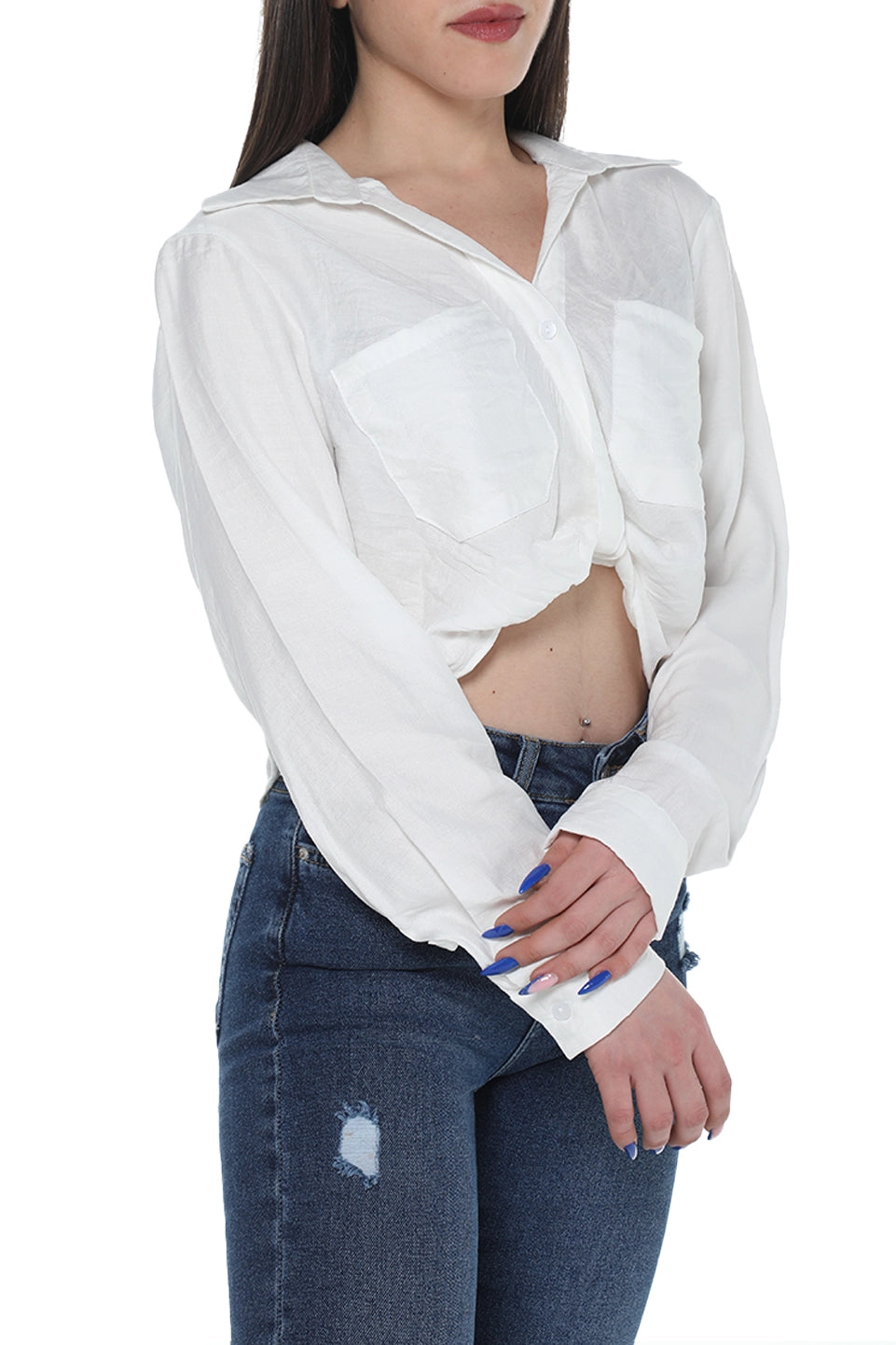 White Crop Long Sleeved Shirt