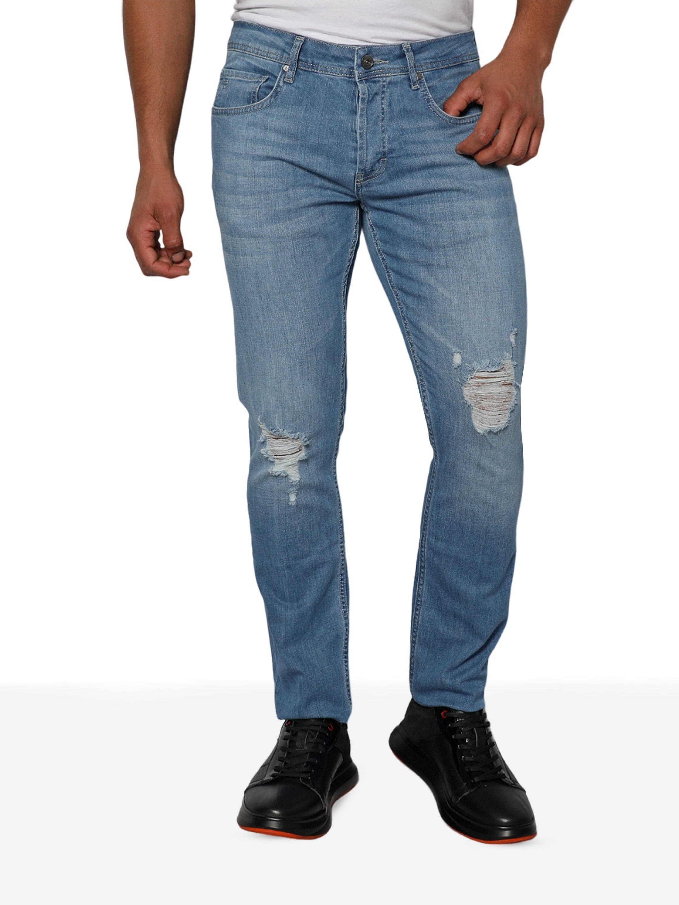 Men Blue Denim Skinny Jeans With Ripped Design