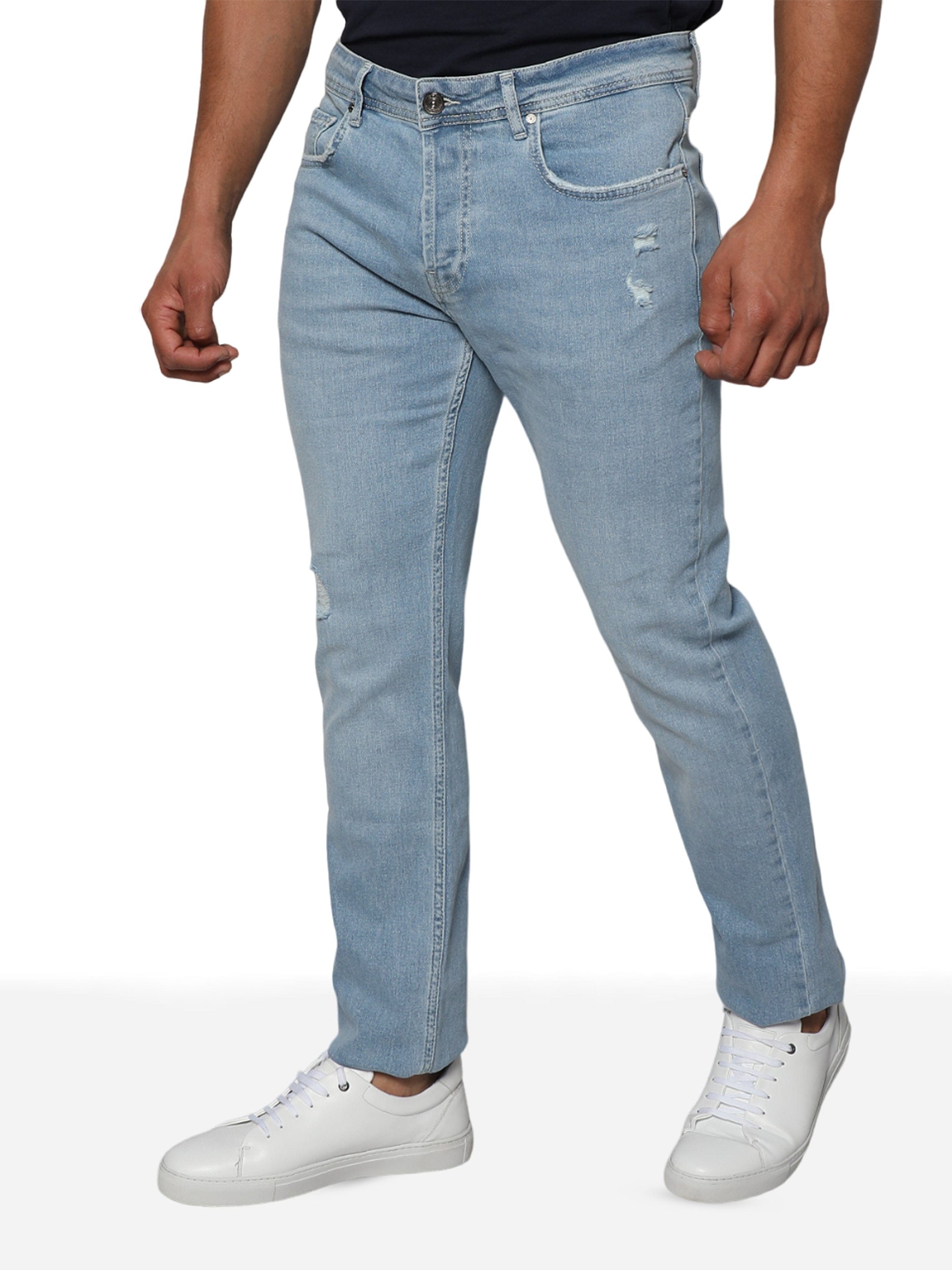 Men Light Blue Slim Straight Denim Designed Jeans