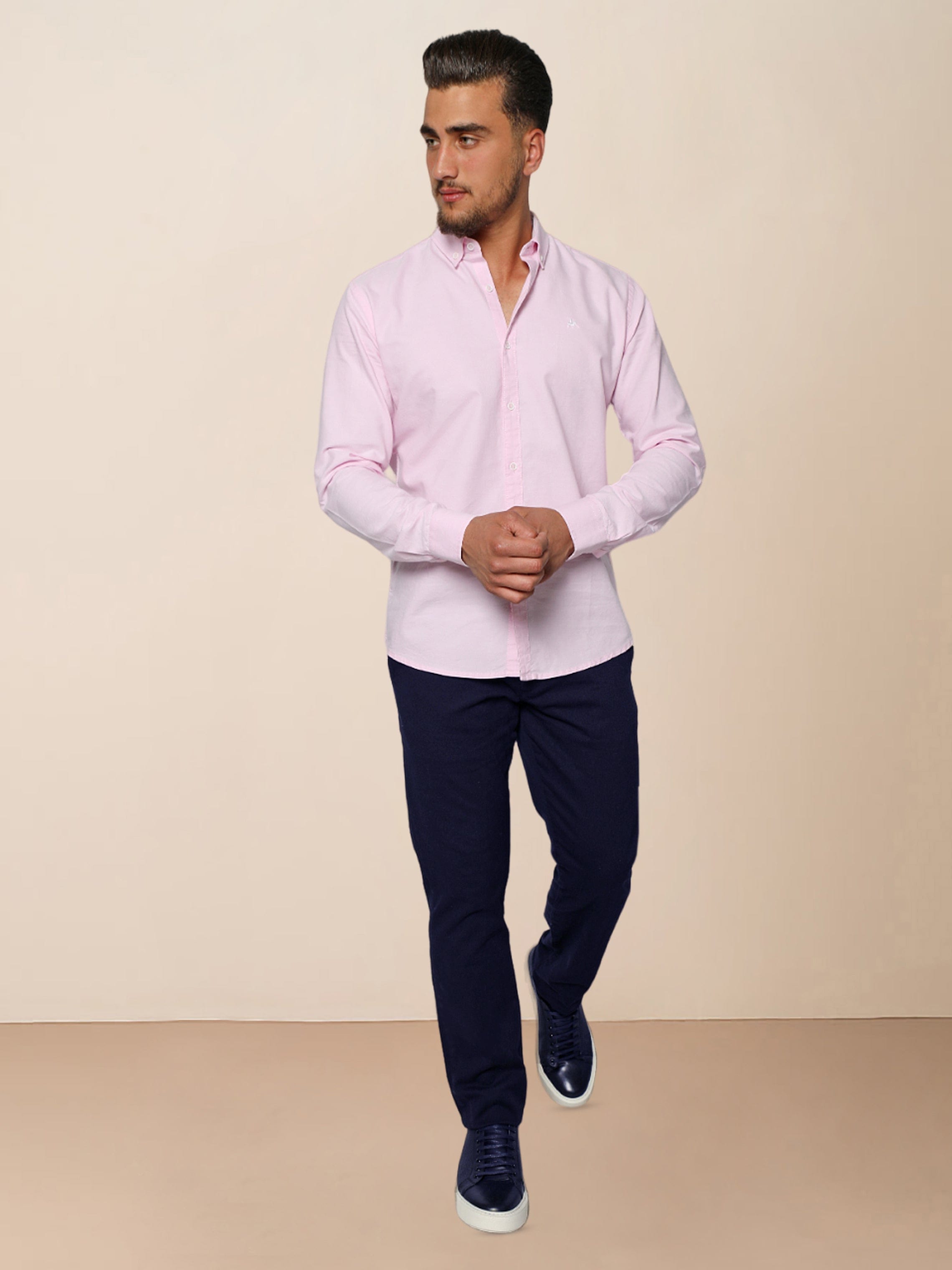 Men Pink Oxford Shirt With Chest Contrast Emblem Design