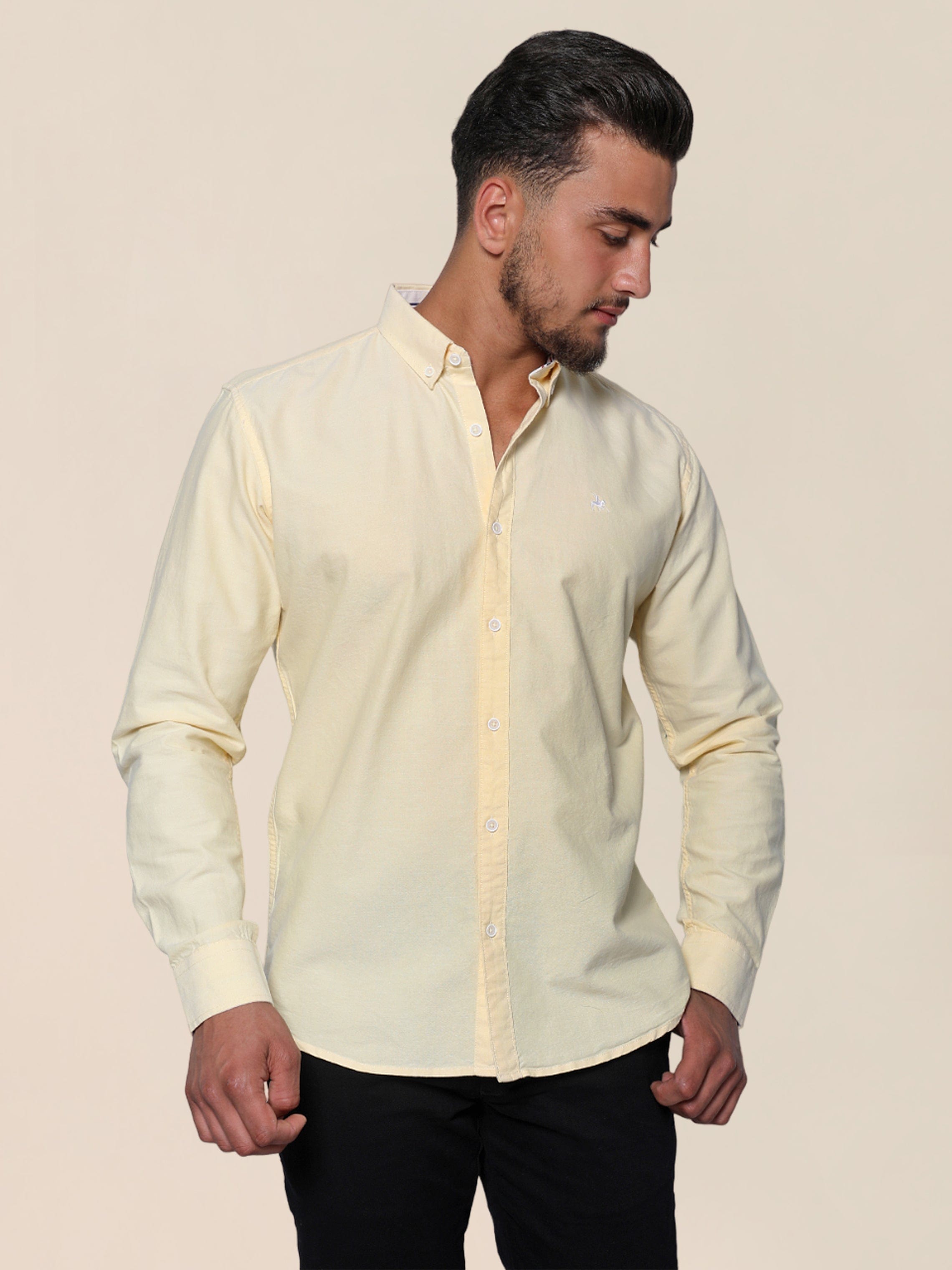 Men Lemon Yellow Oxford Shirt With Chest Contrast Emblem Design
