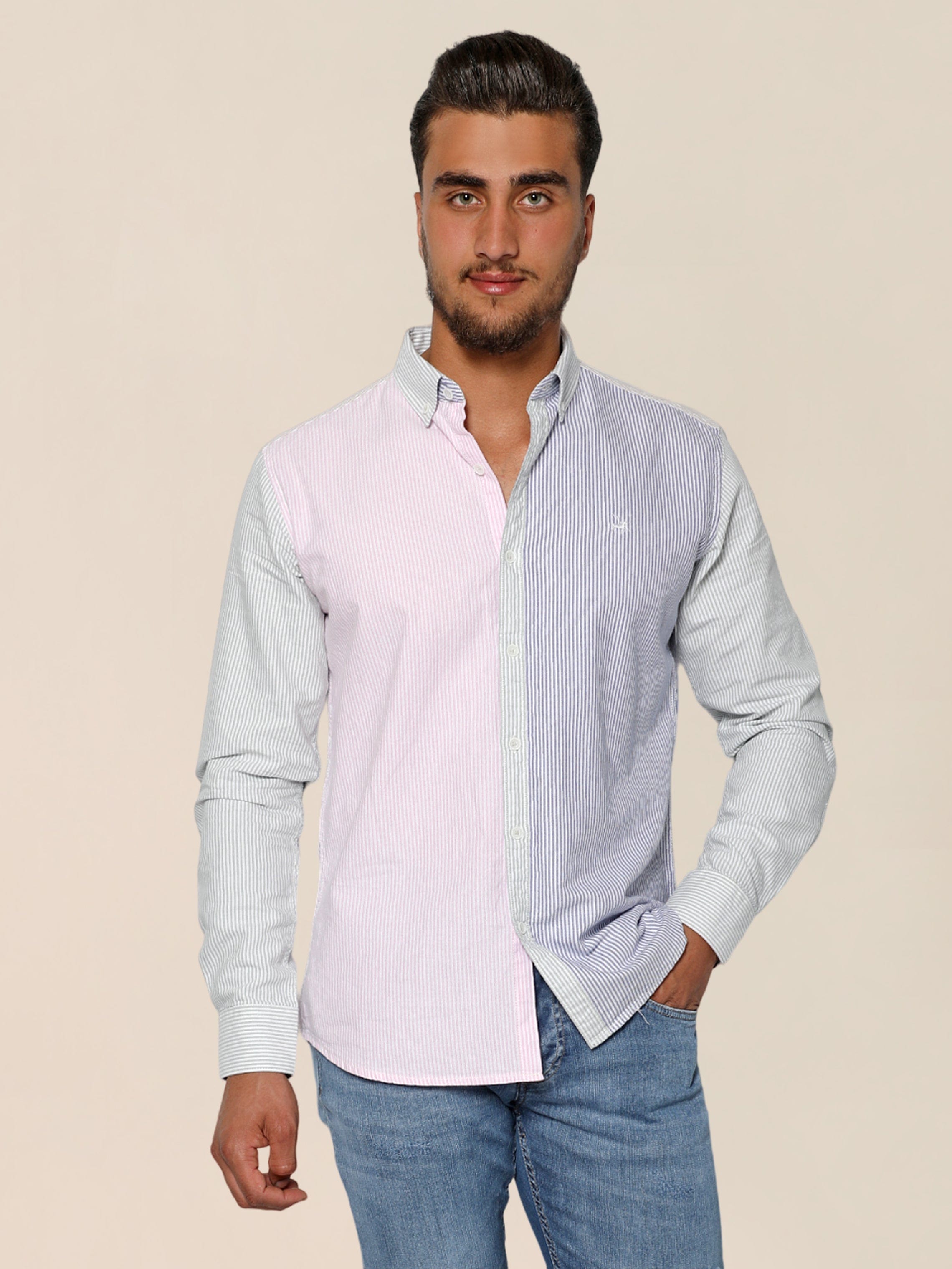 Men Pink-Blue Multi-Colored Designed Casual Oxford Shirt