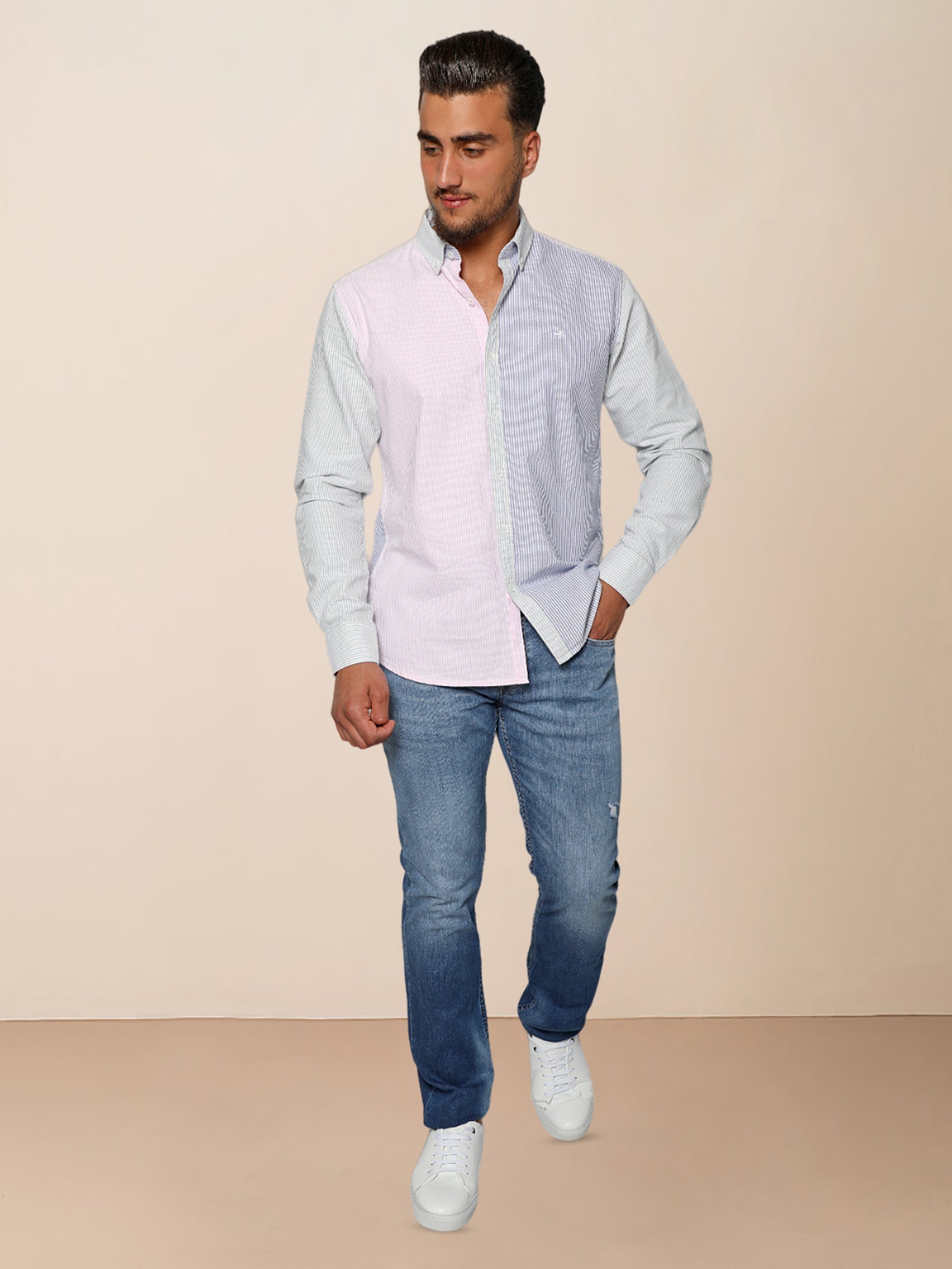 Men Pink-Blue Multi-Colored Designed Casual Oxford Shirt