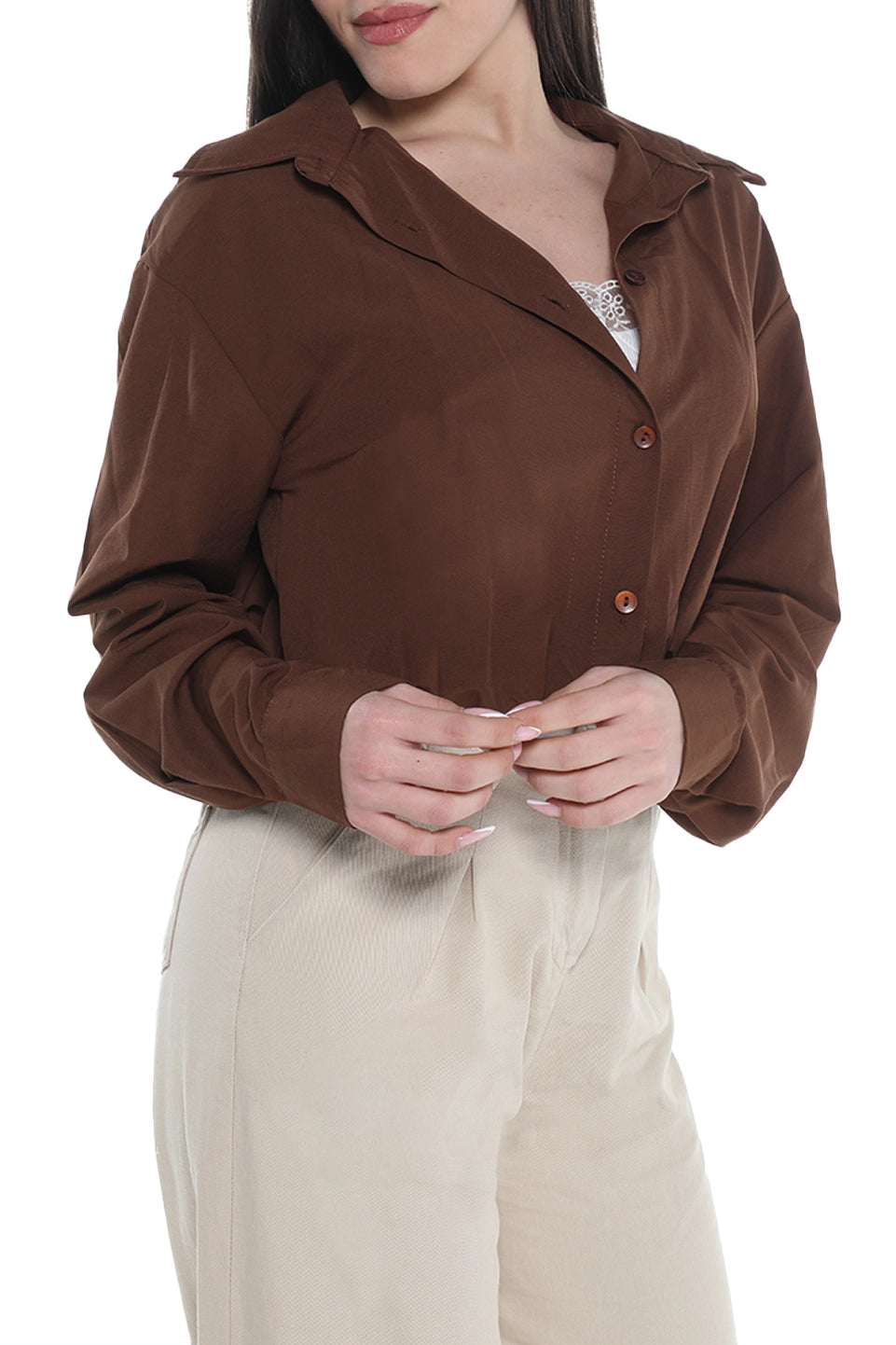 Long Sleeve Brown Crop Shirt