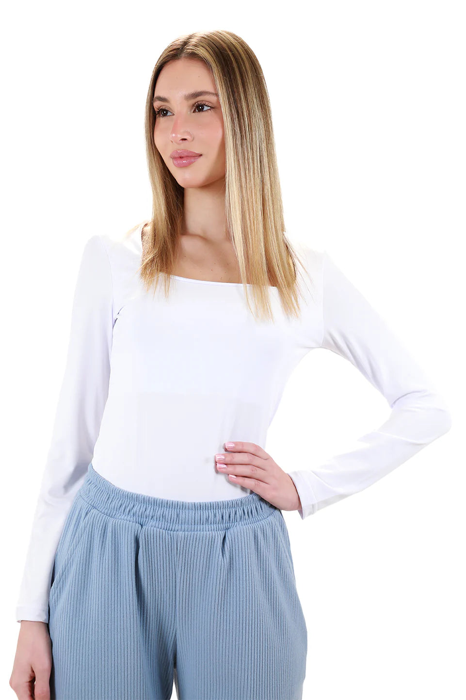 Long Sleeved White Open Neck Basic