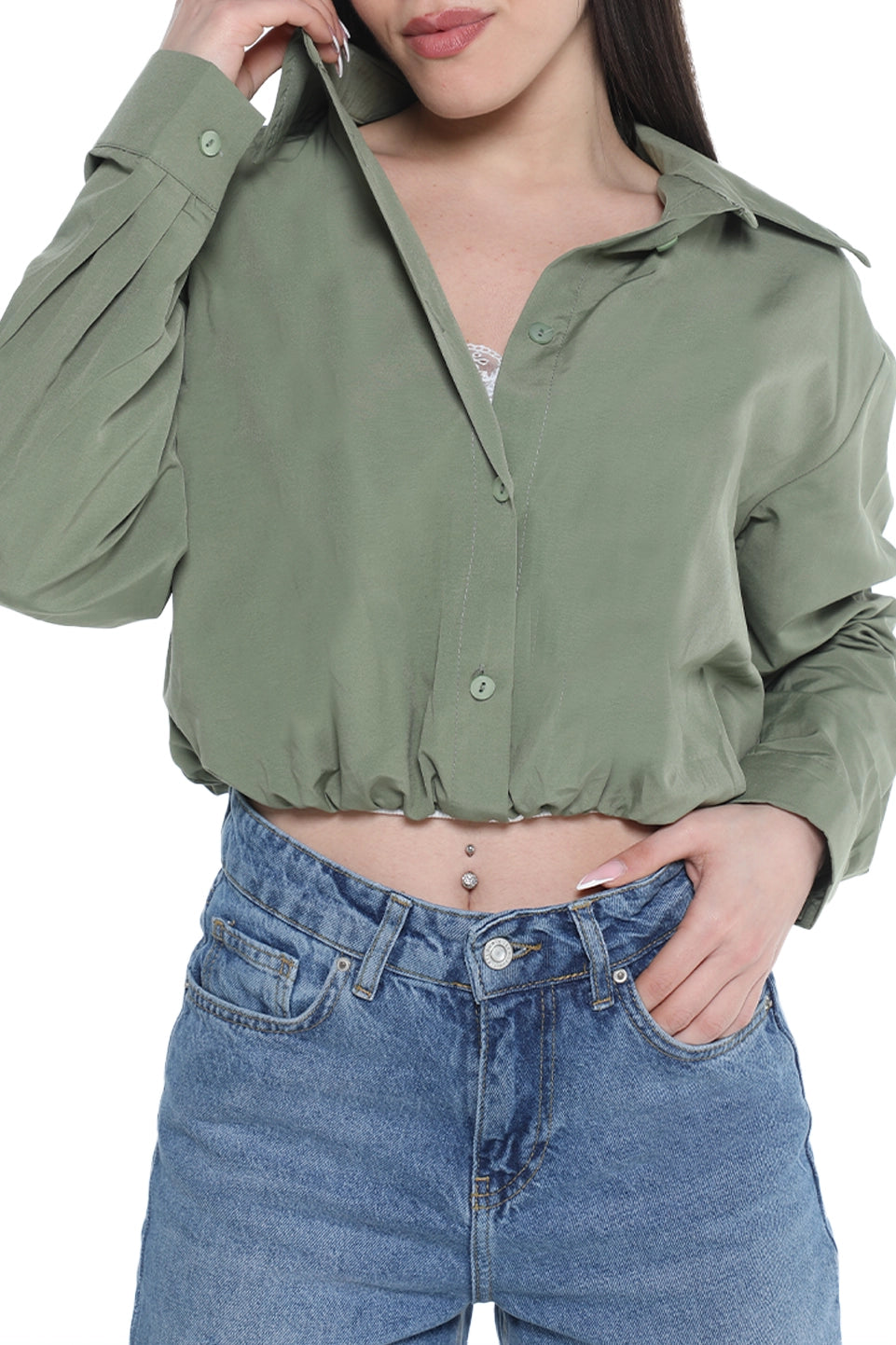 Long Sleeve Khaki Crop Shirt