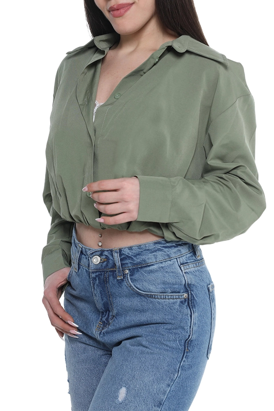 Long Sleeve Khaki Crop Shirt