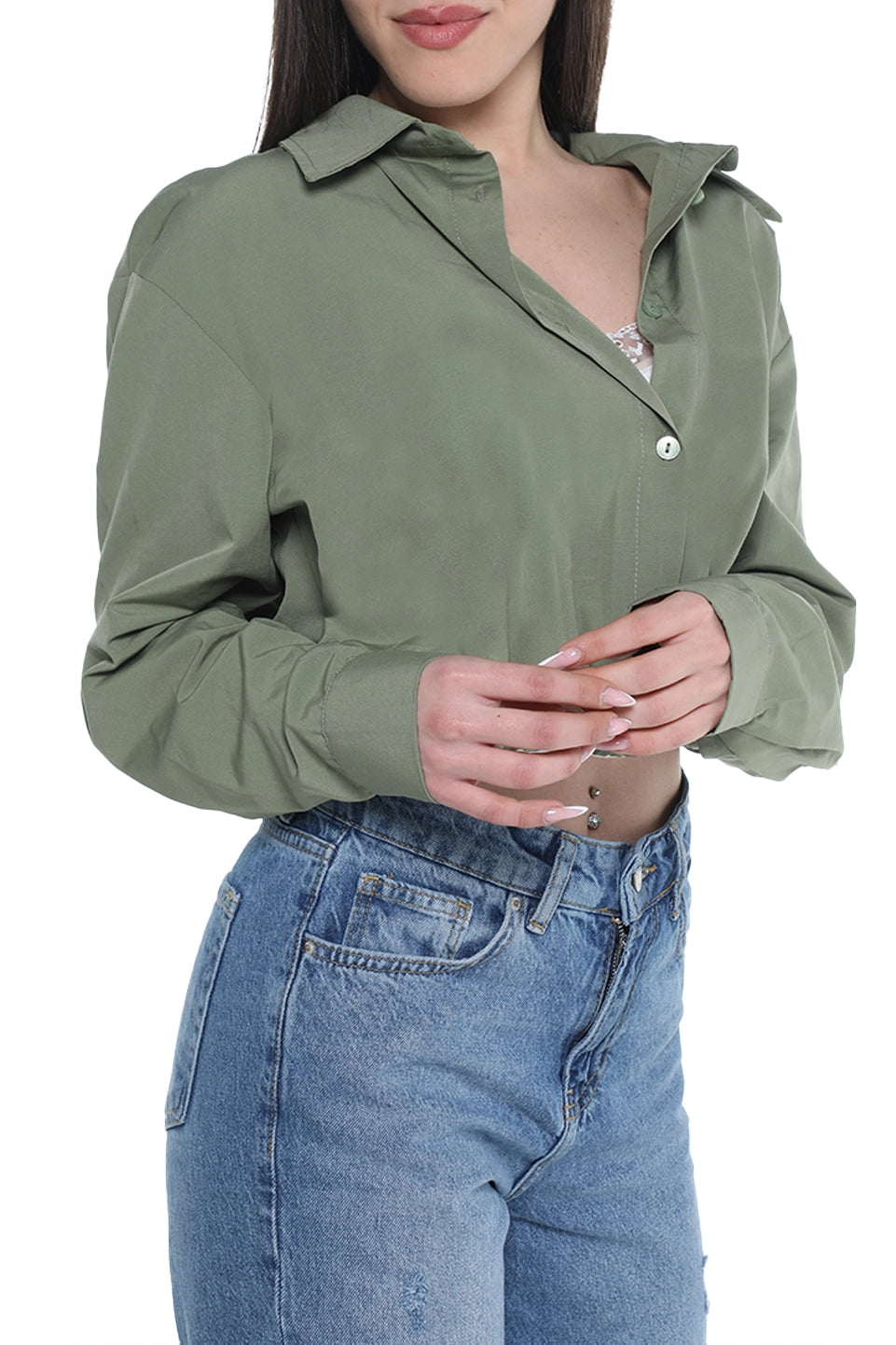 Long Sleeve Khaki Crop Shirt