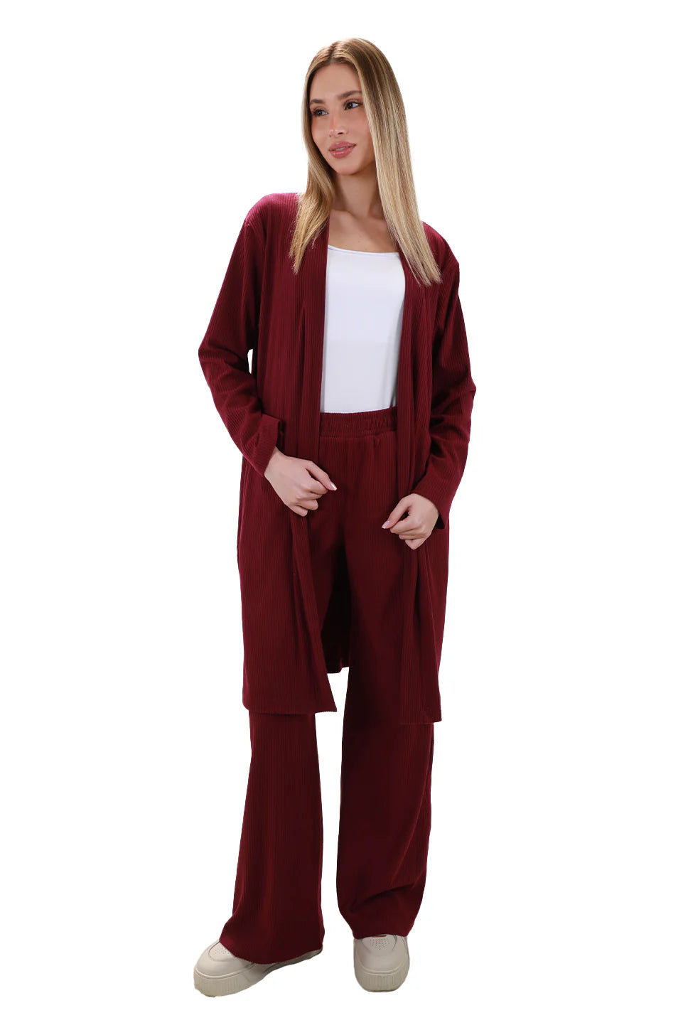 Long Velvet Striped Wine Cardigan