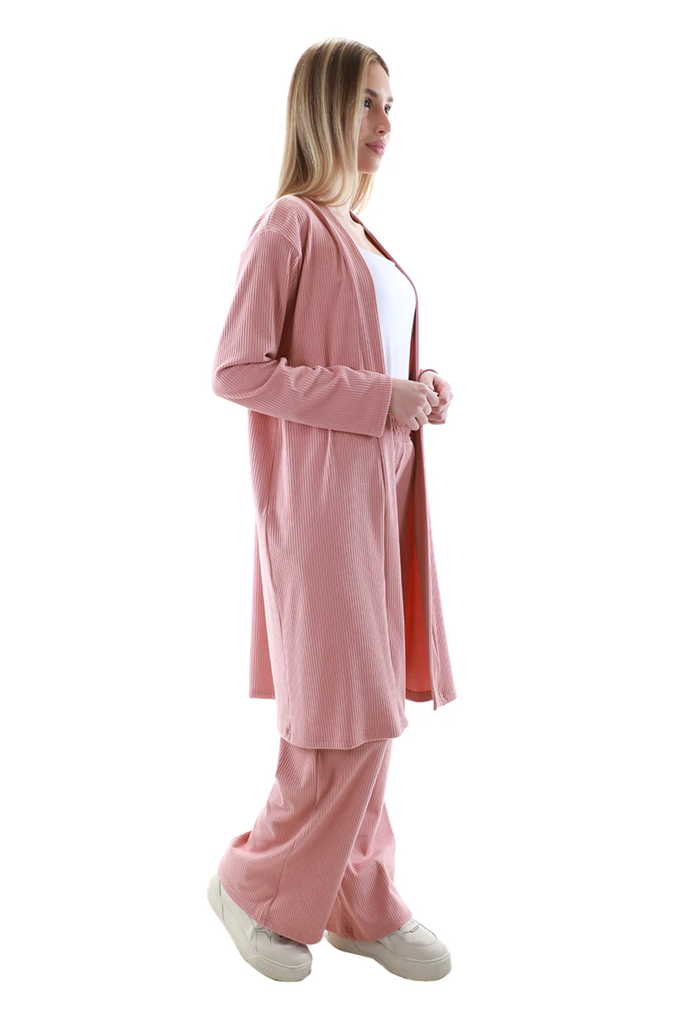 Long Velvet Striped Pink Cardigan