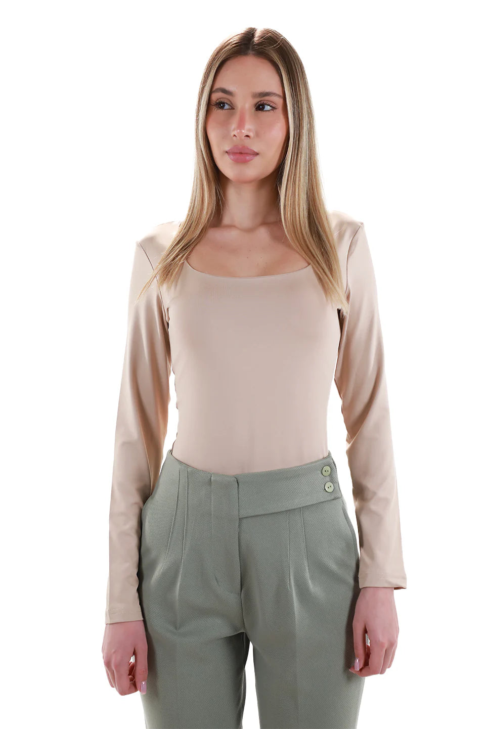 Long Sleeved Beige Open Neck Basic