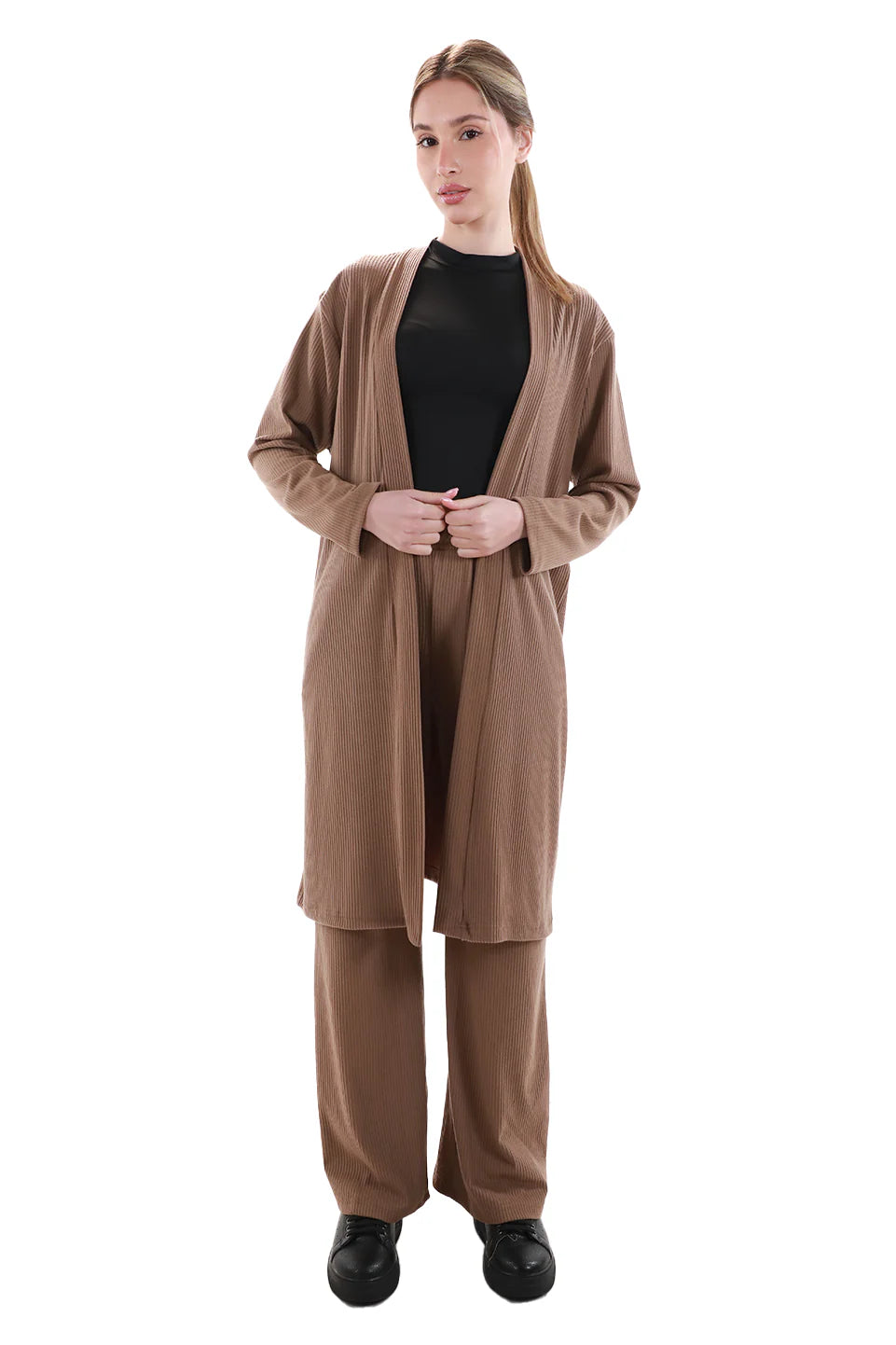 Long Velvet Striped Light Brown Cardigan