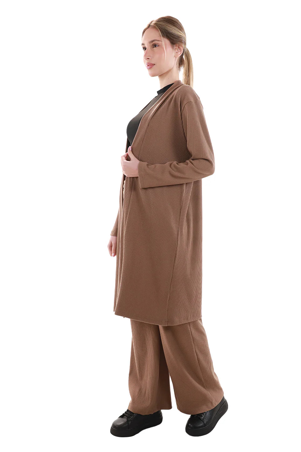 Long Velvet Striped Light Brown Cardigan