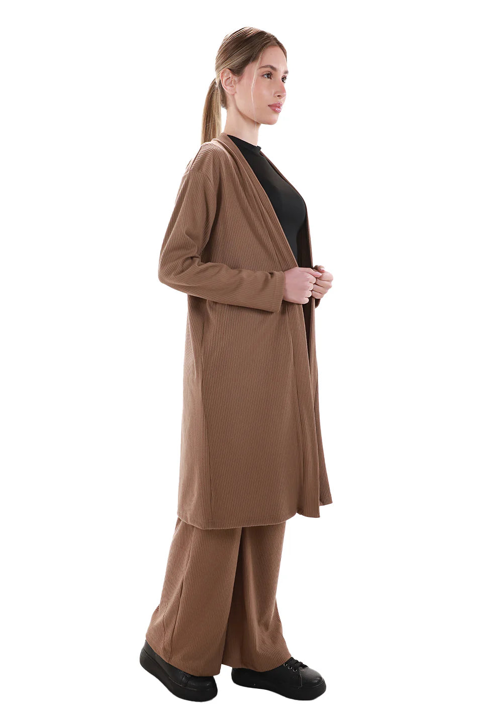 Long Velvet Striped Light Brown Cardigan