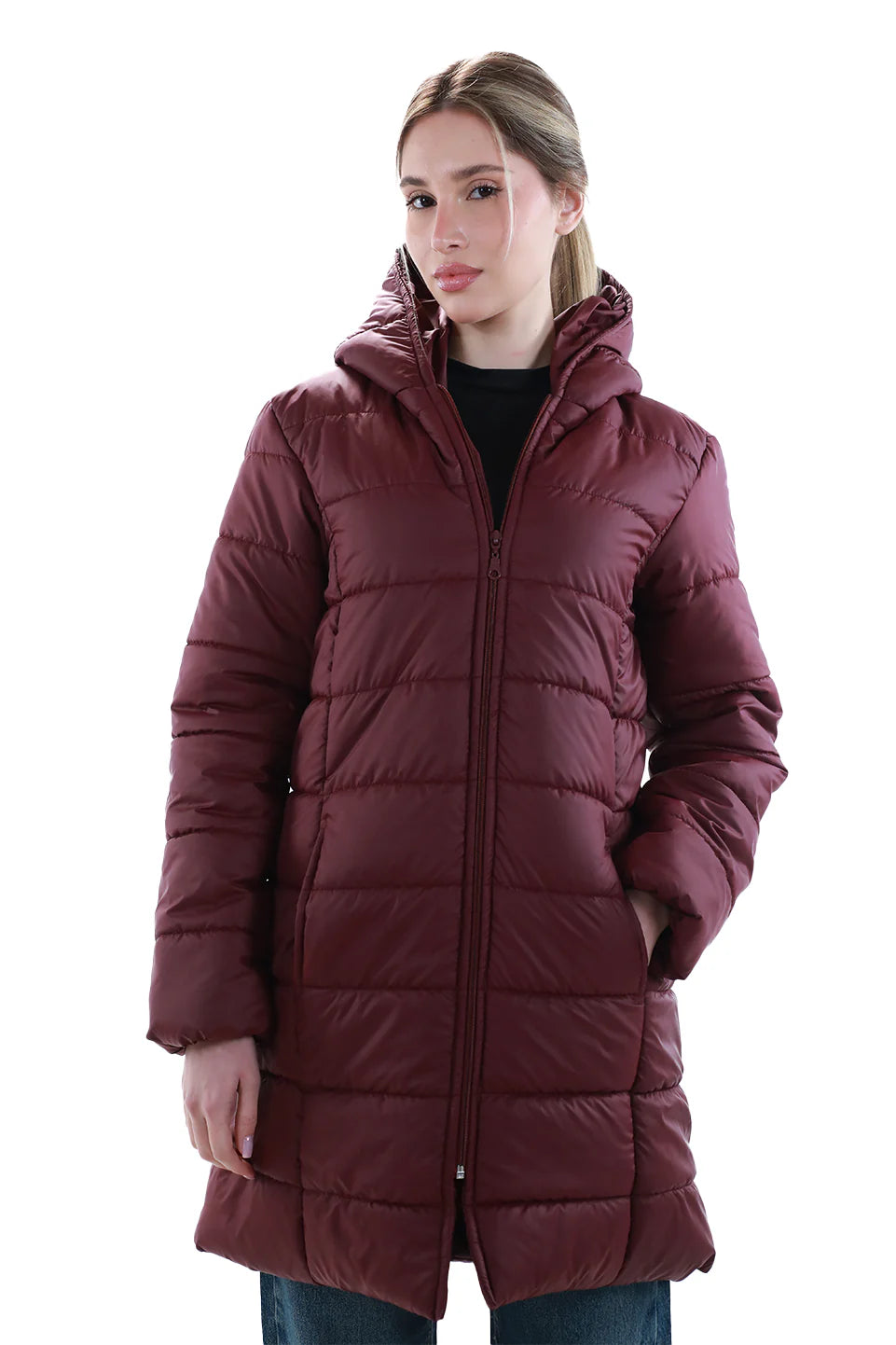 Long Wine Puffer Jacket With Hood