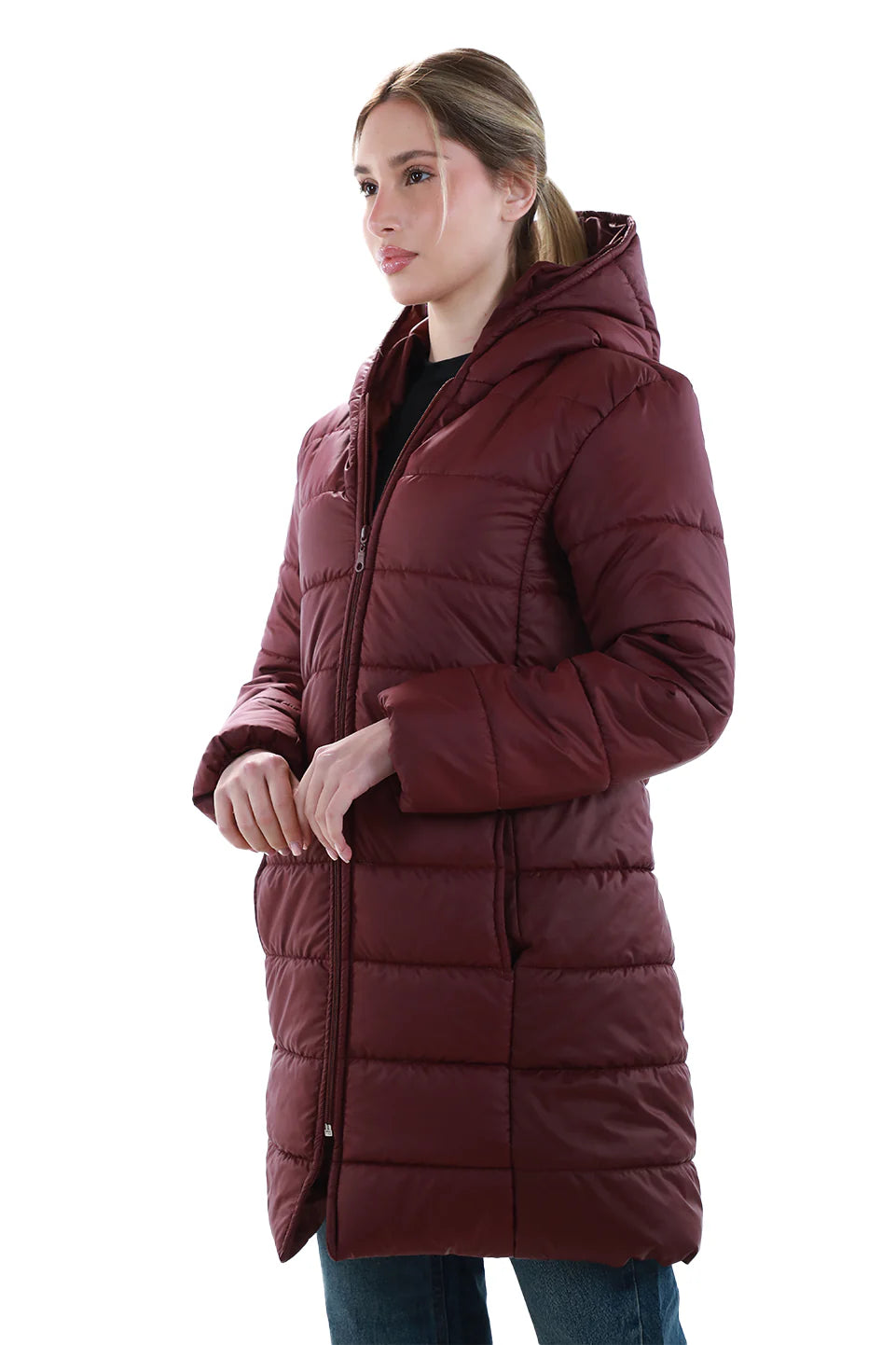 Long Wine Puffer Jacket With Hood