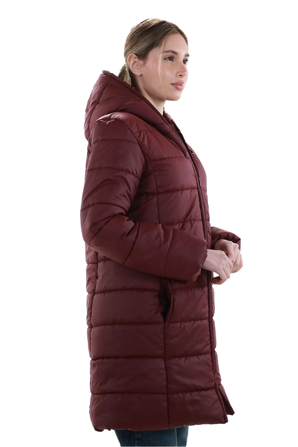 Long Wine Puffer Jacket With Hood