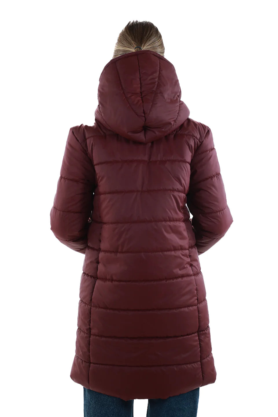 Long Wine Puffer Jacket With Hood