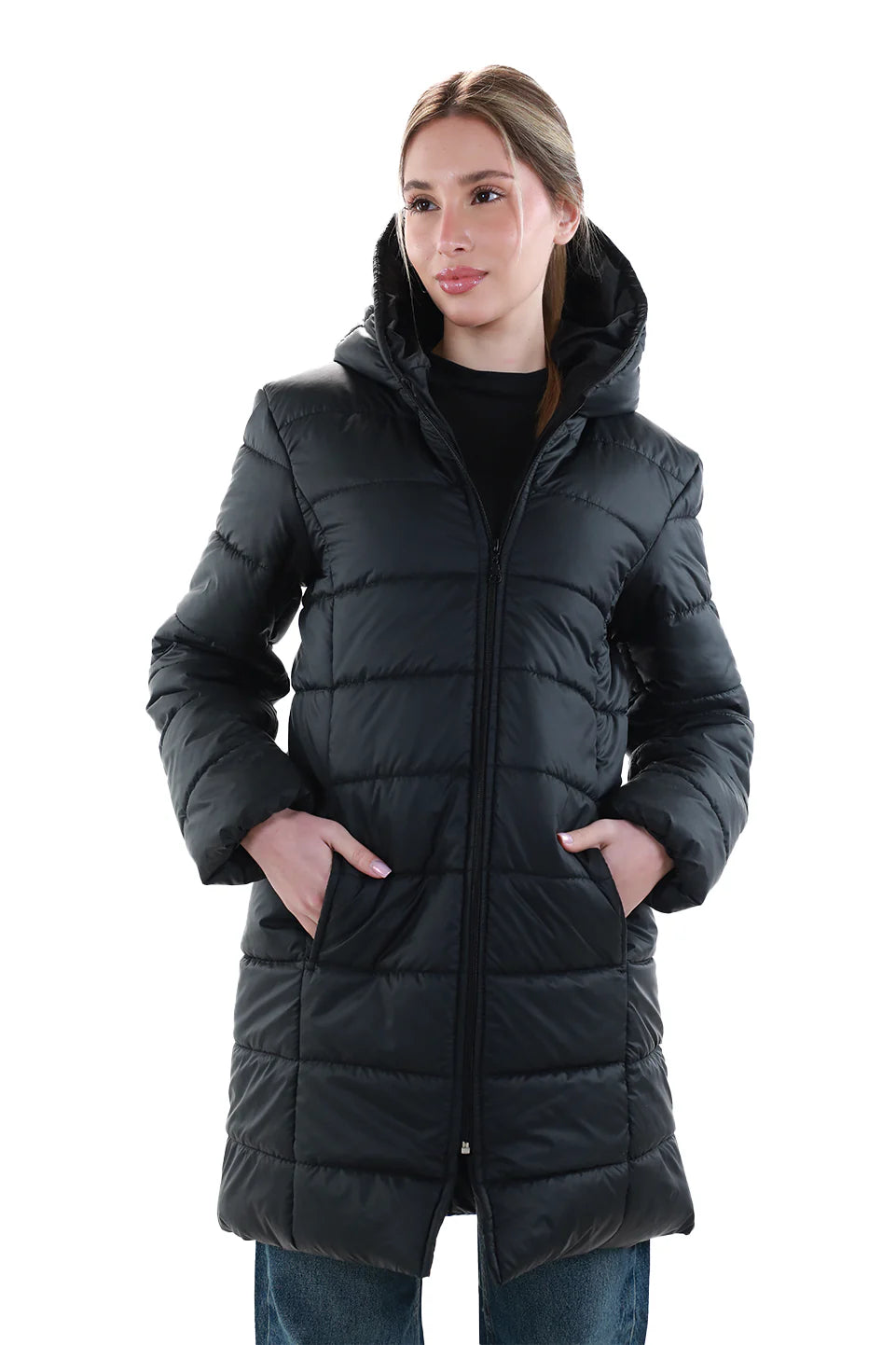 Long Black Puffer Jacket With Hood