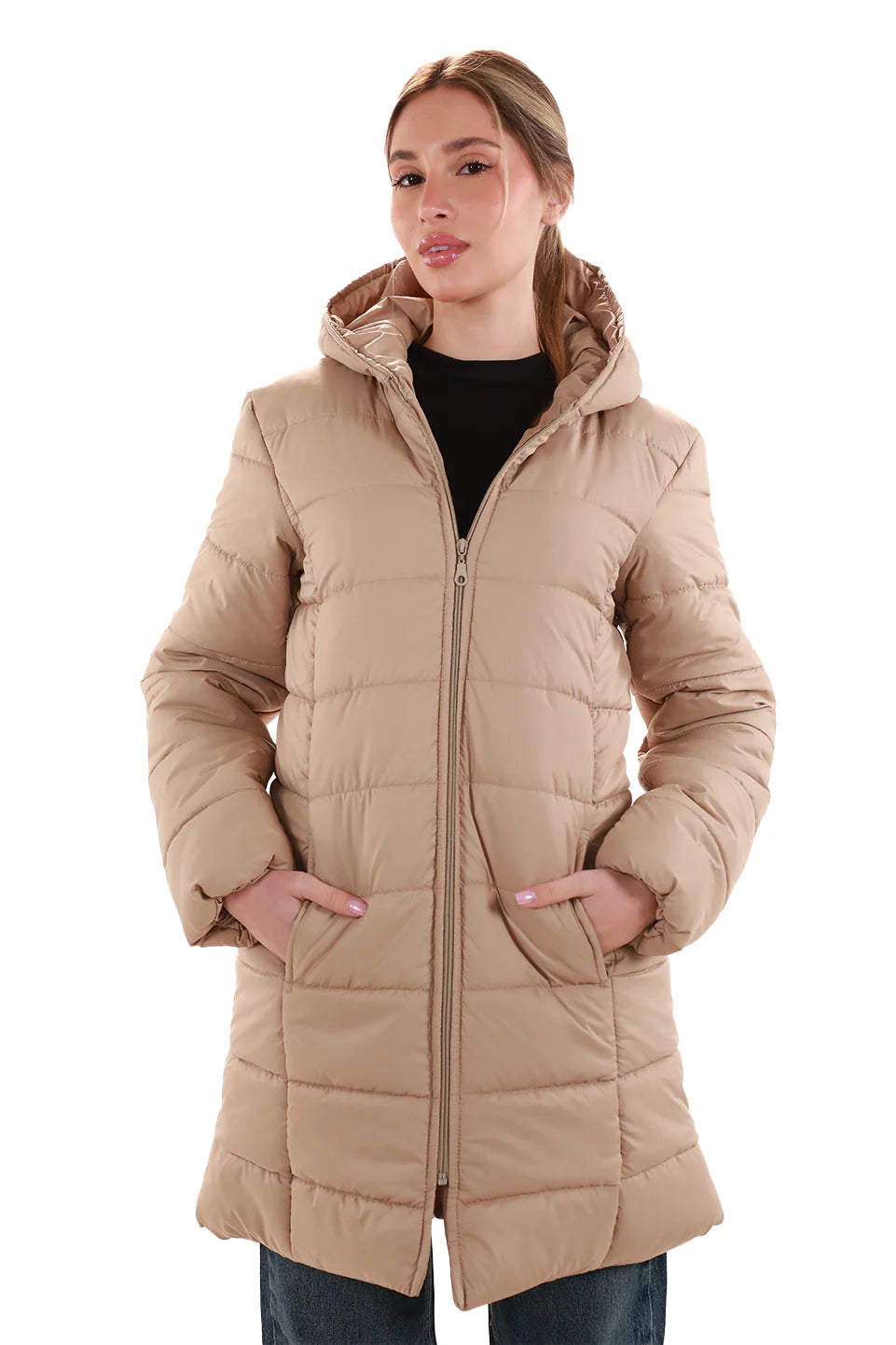 Long Beige Puffer Jacket With Hood