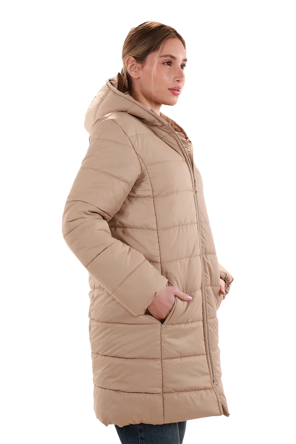 Long Beige Puffer Jacket With Hood