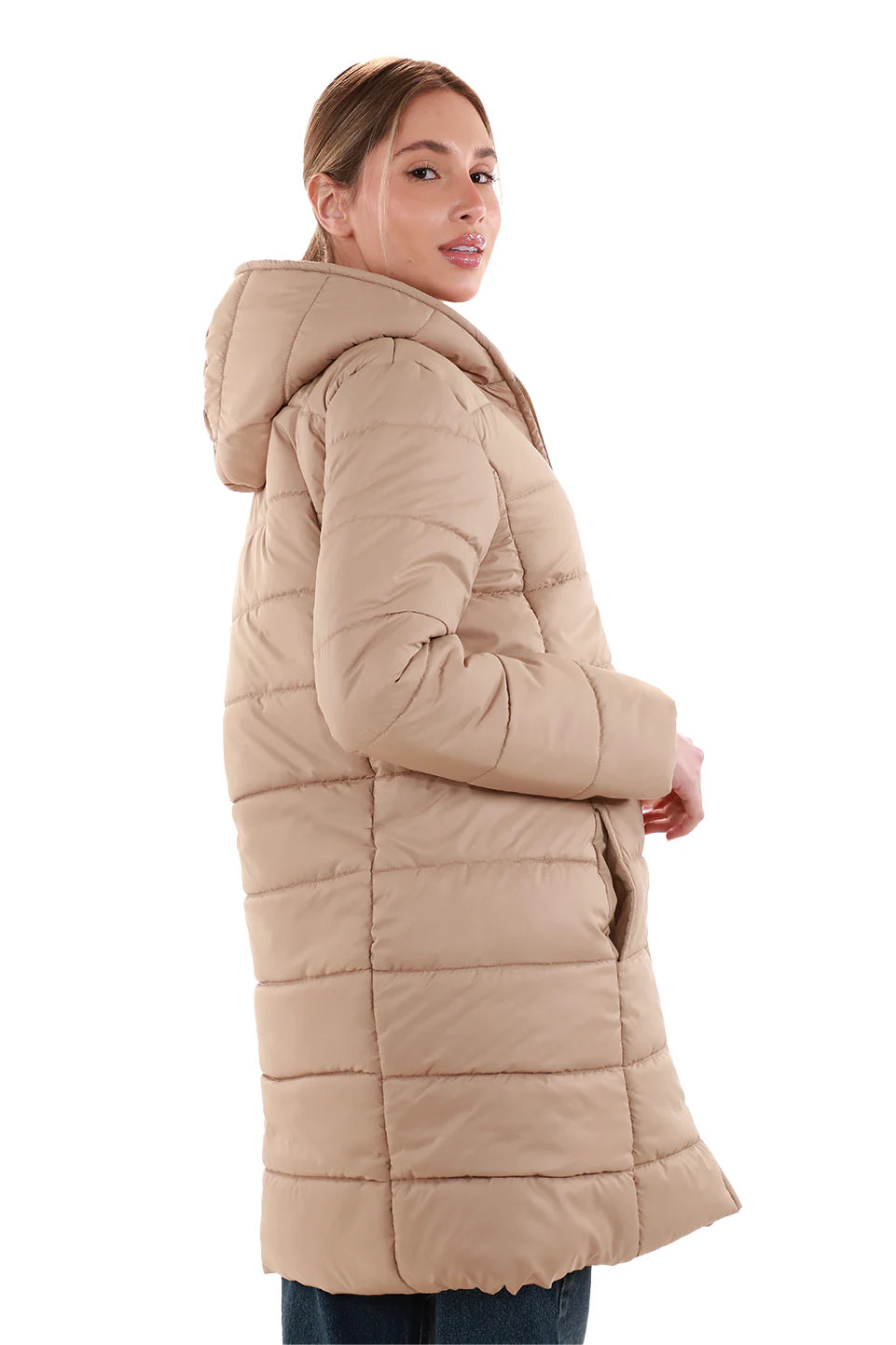 Long Beige Puffer Jacket With Hood