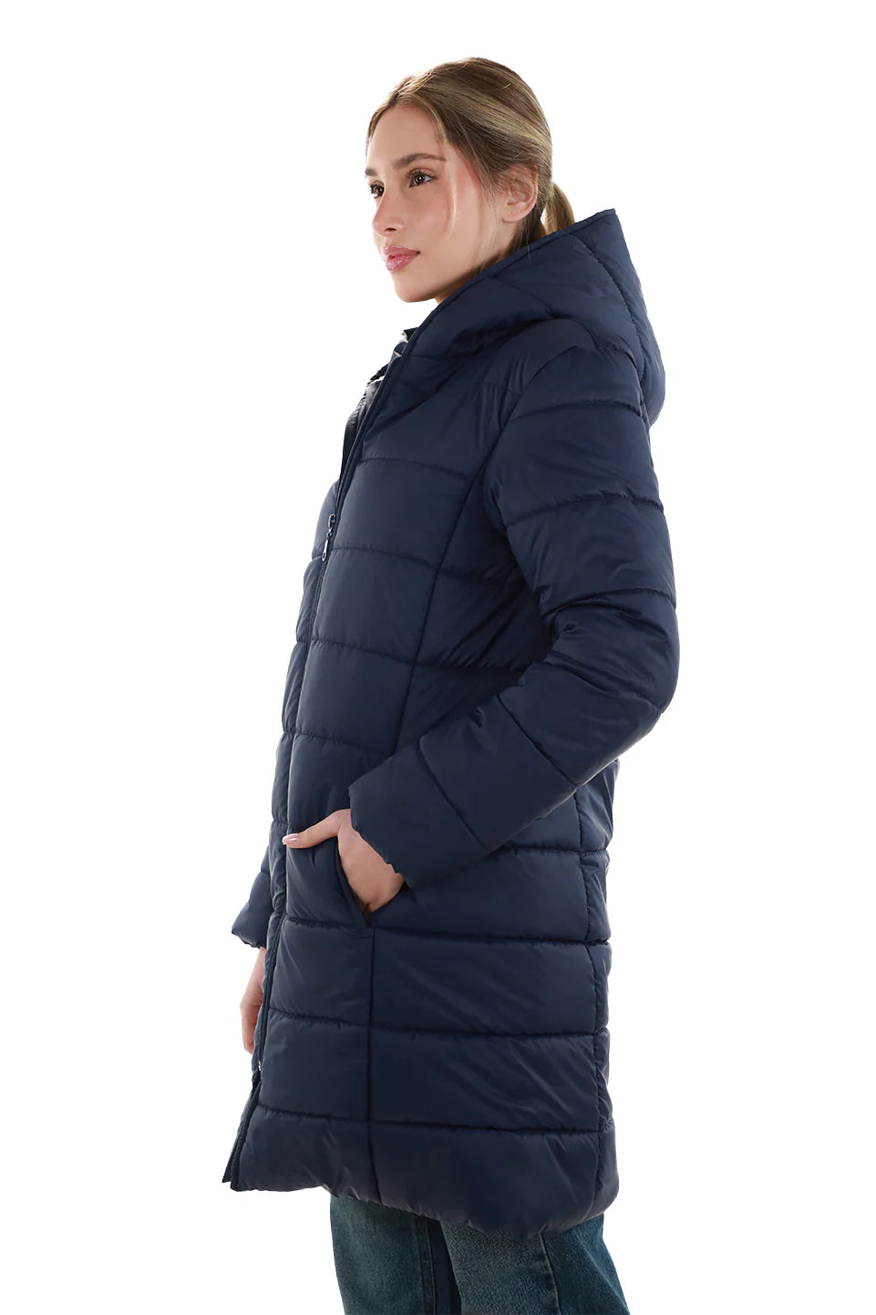 Long Navy Puffer Jacket With Hood