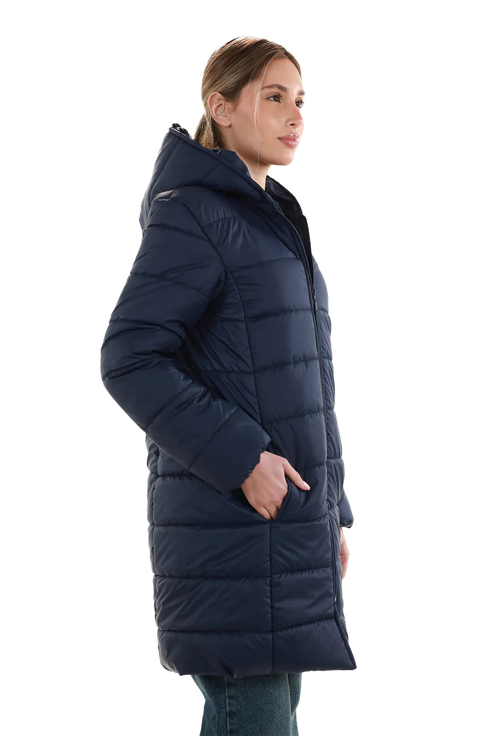 Long Navy Puffer Jacket With Hood