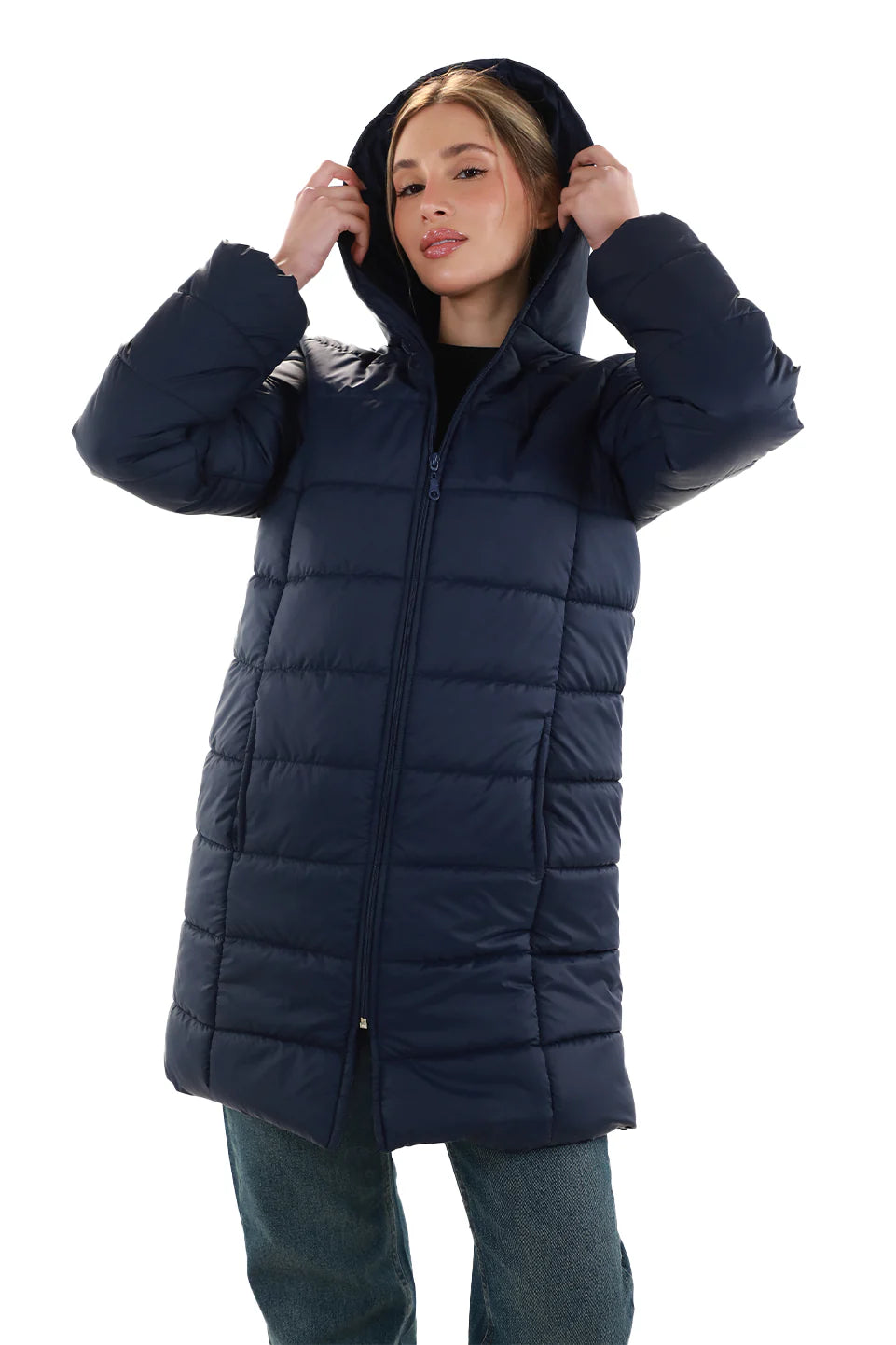 Long Navy Puffer Jacket With Hood