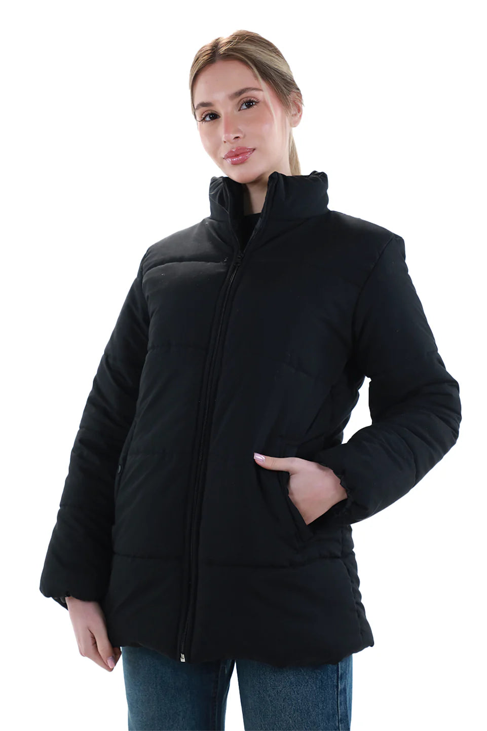 Black Puffer Jacket With Stand Up Collar