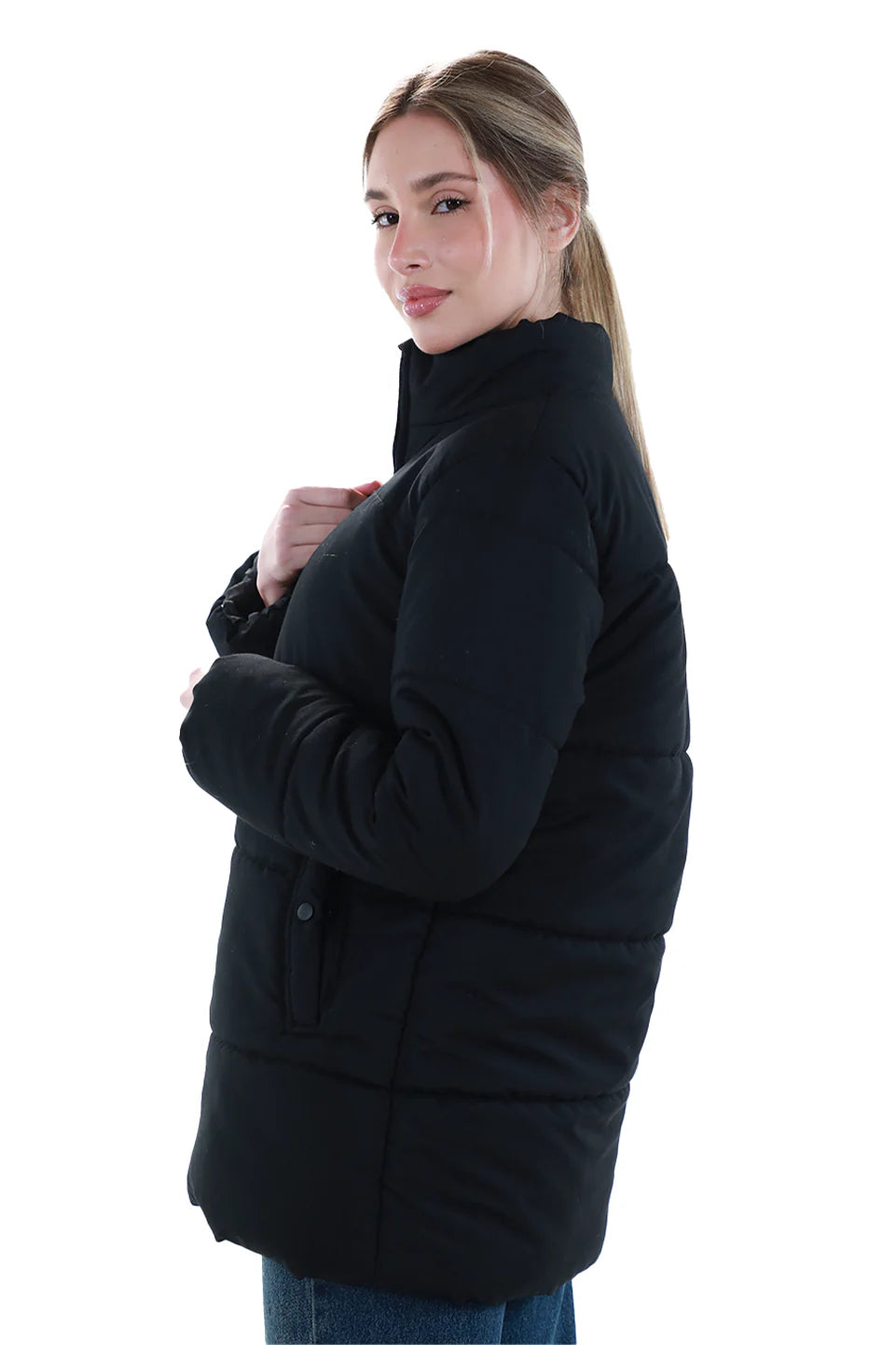 Black Puffer Jacket With Stand Up Collar