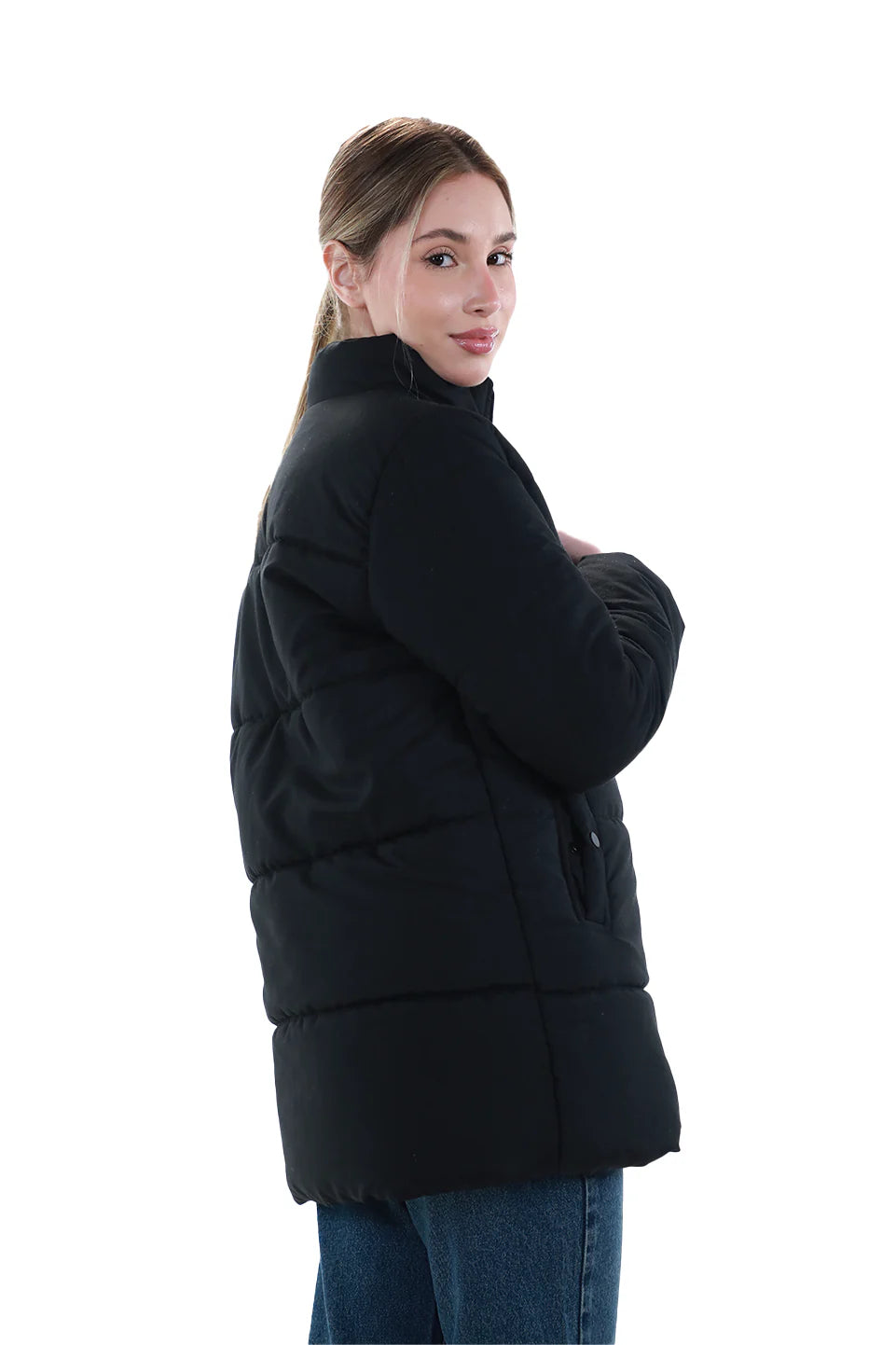 Black Puffer Jacket With Stand Up Collar