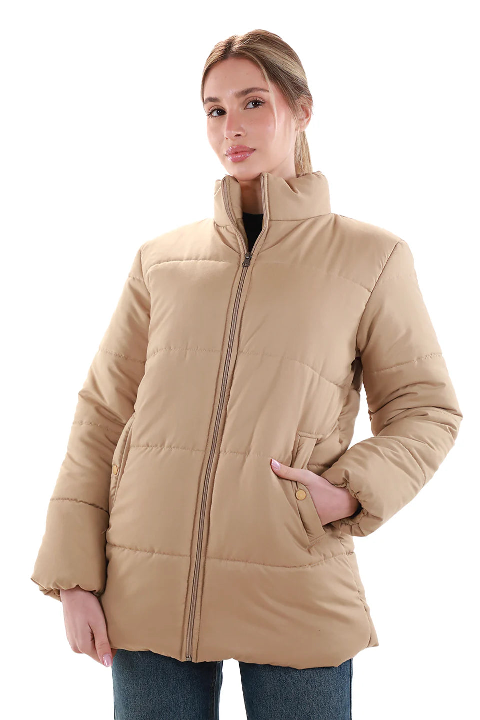 Beige Puffer Jacket With Stand Up Collar