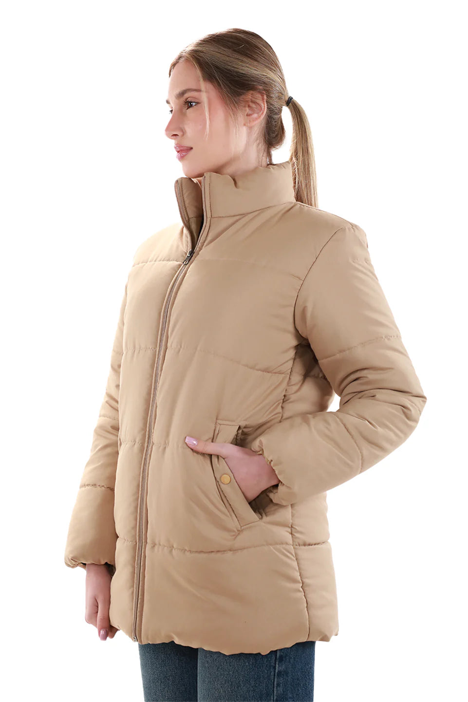 Beige Puffer Jacket With Stand Up Collar